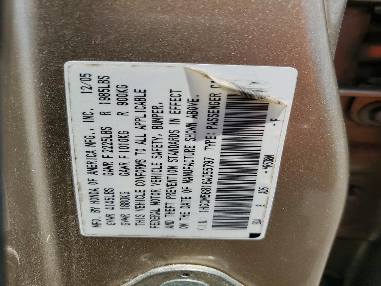 2006 Honda Accord Ex Gold vin: 1HGCM56816A055797