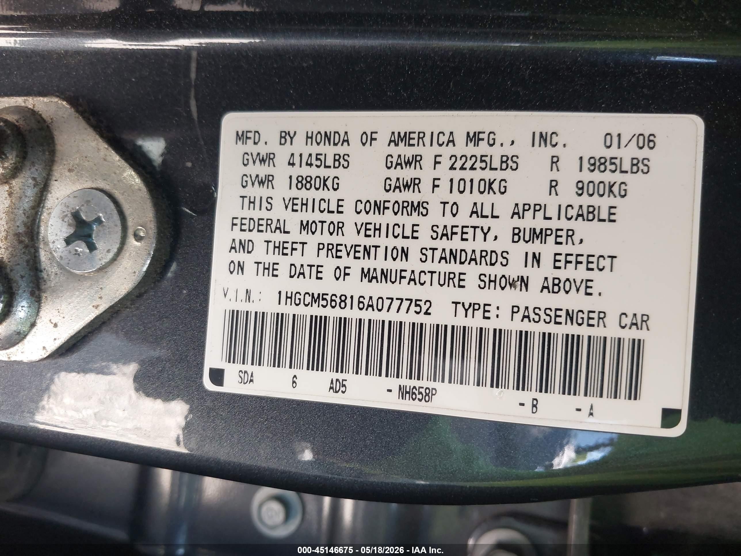 2006 Honda Accord 2.4 Ex Gray vin: 1HGCM56816A077752
