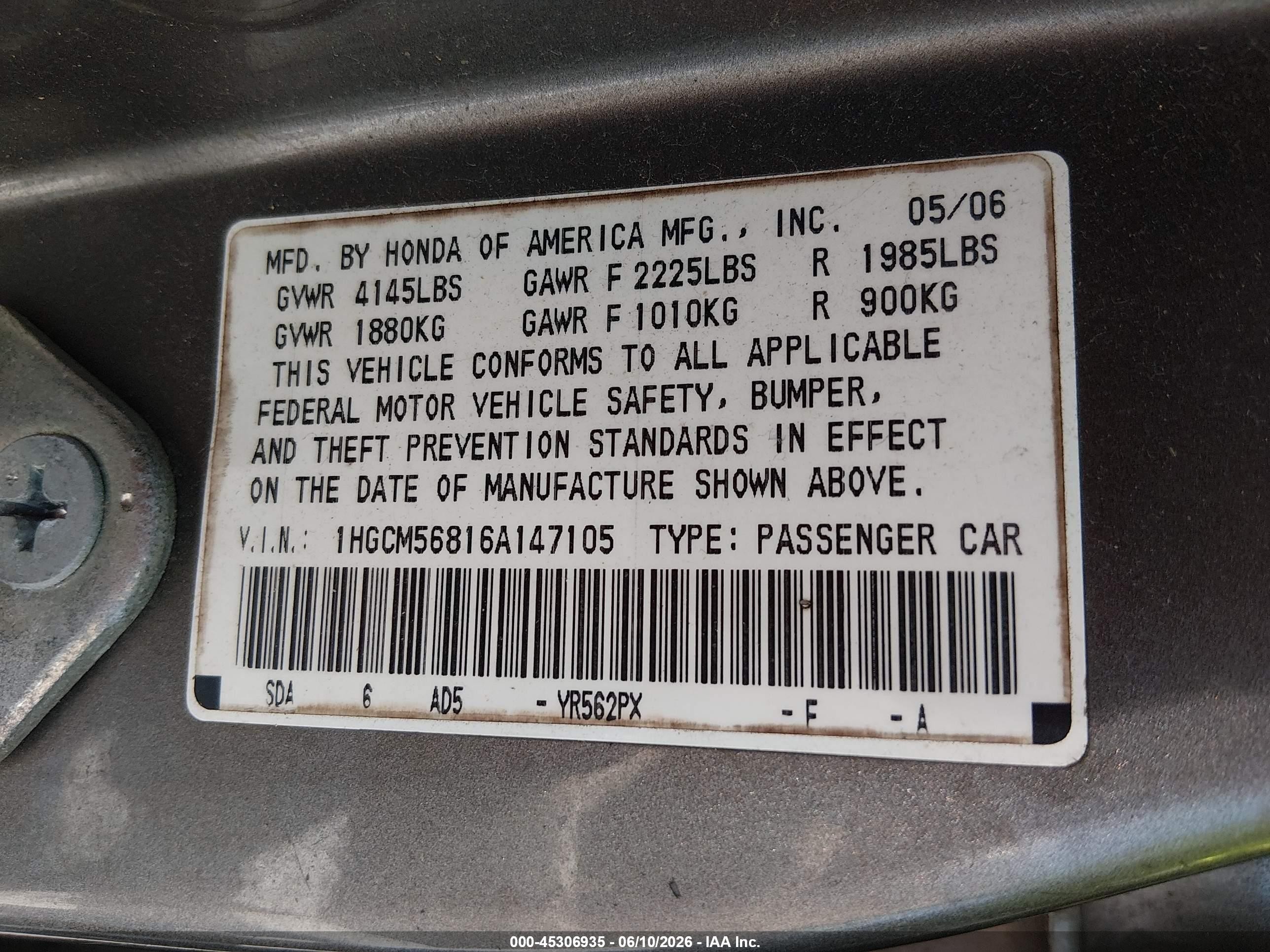 2006 Honda Accord 2.4 Ex Tan vin: 1HGCM56816A147105
