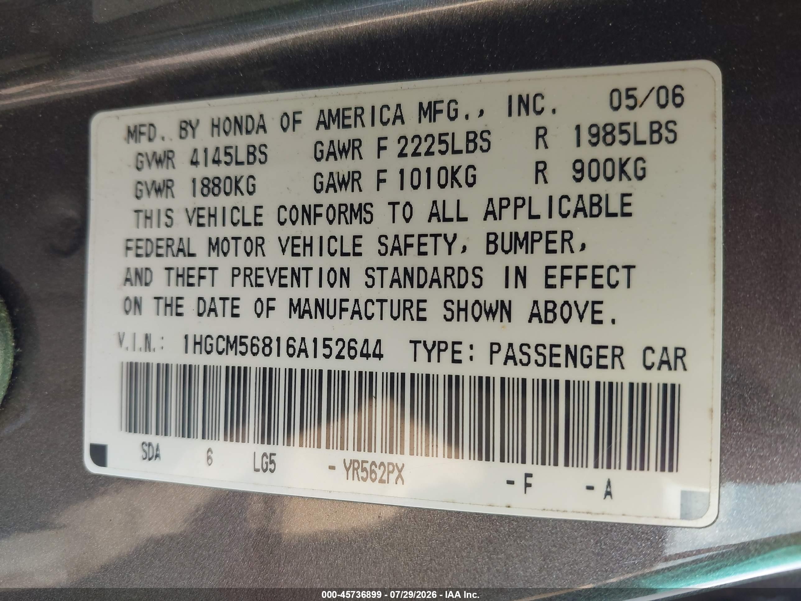 2006 Honda Accord 2.4 Ex Gray vin: 1HGCM56816A152644