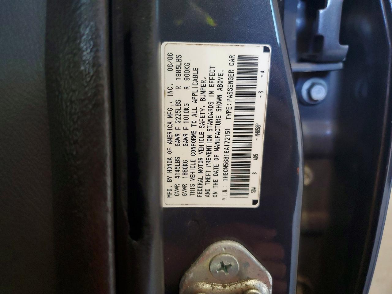 2006 Honda Accord Gray vin: 1HGCM56816A172151