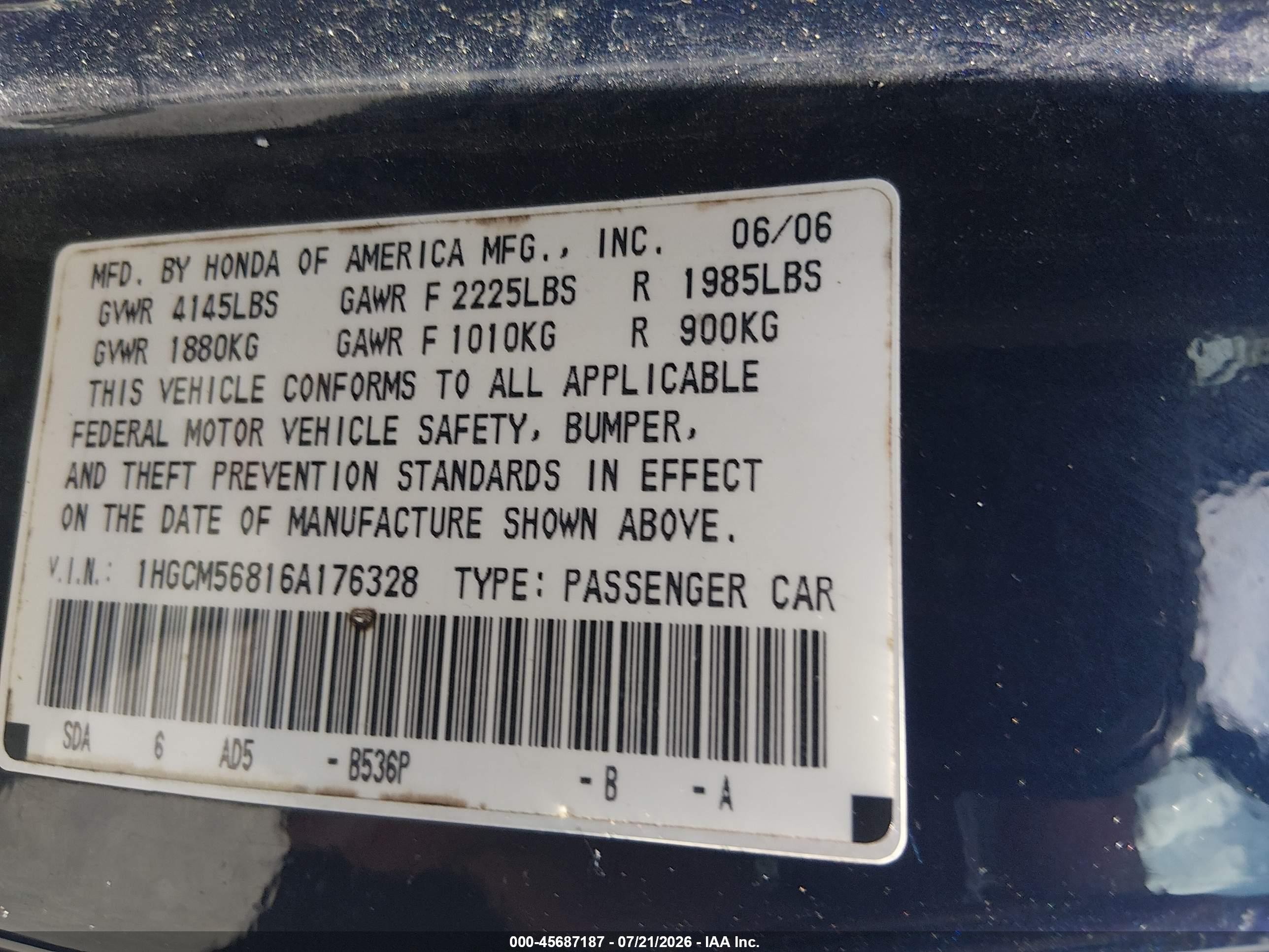 2006 Honda Accord 2.4 Ex Blue vin: 1HGCM56816A176328