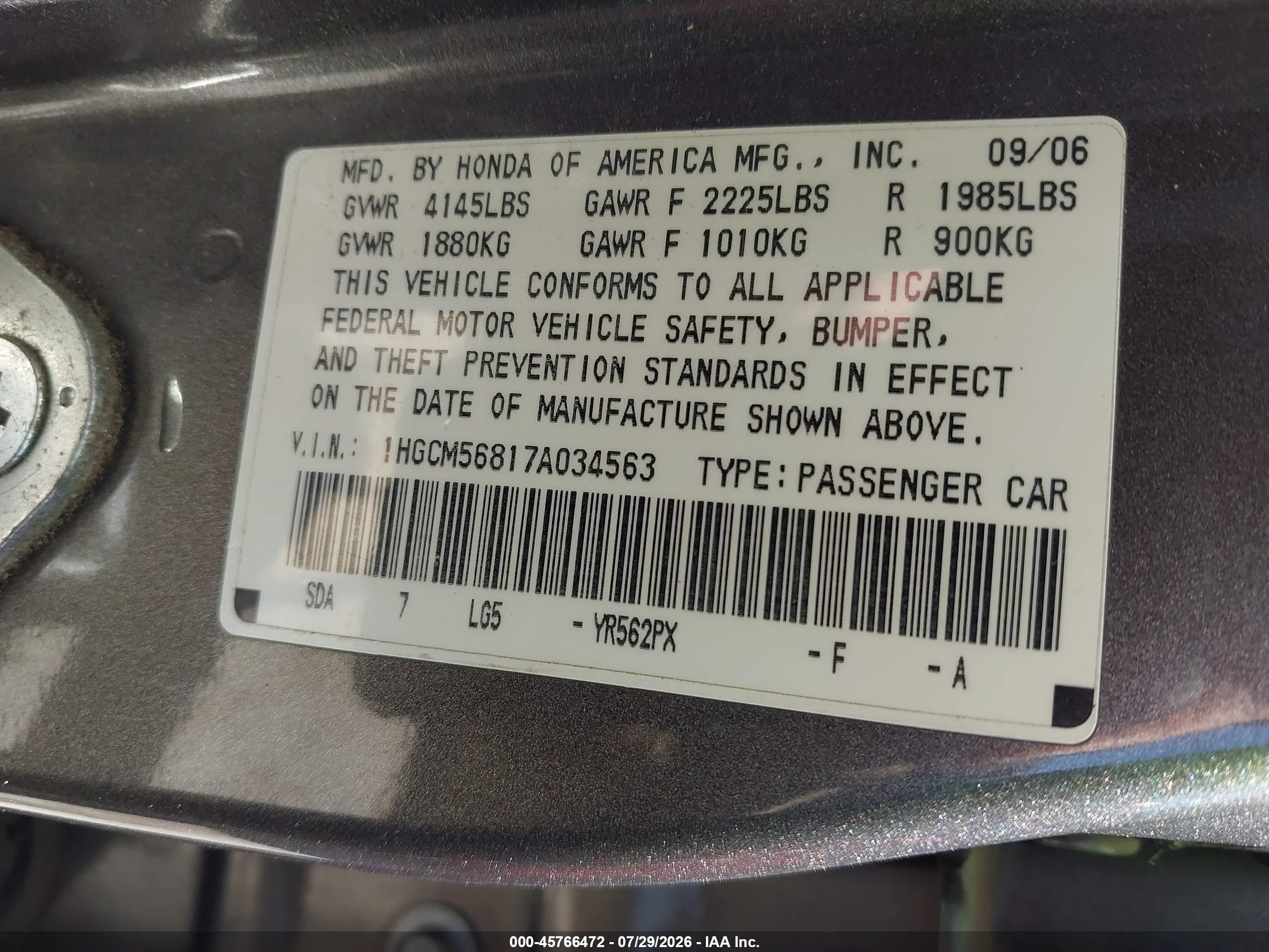 2007 Honda Accord 2.4 Ex Gray vin: 1HGCM56817A034563