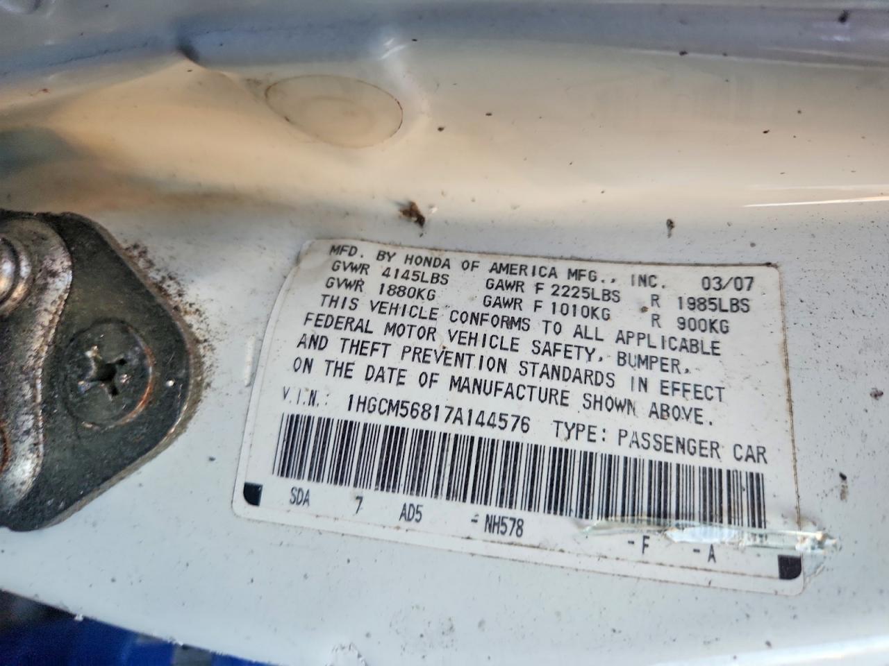 2007 Honda Accord Ex White vin: 1HGCM56817A144576