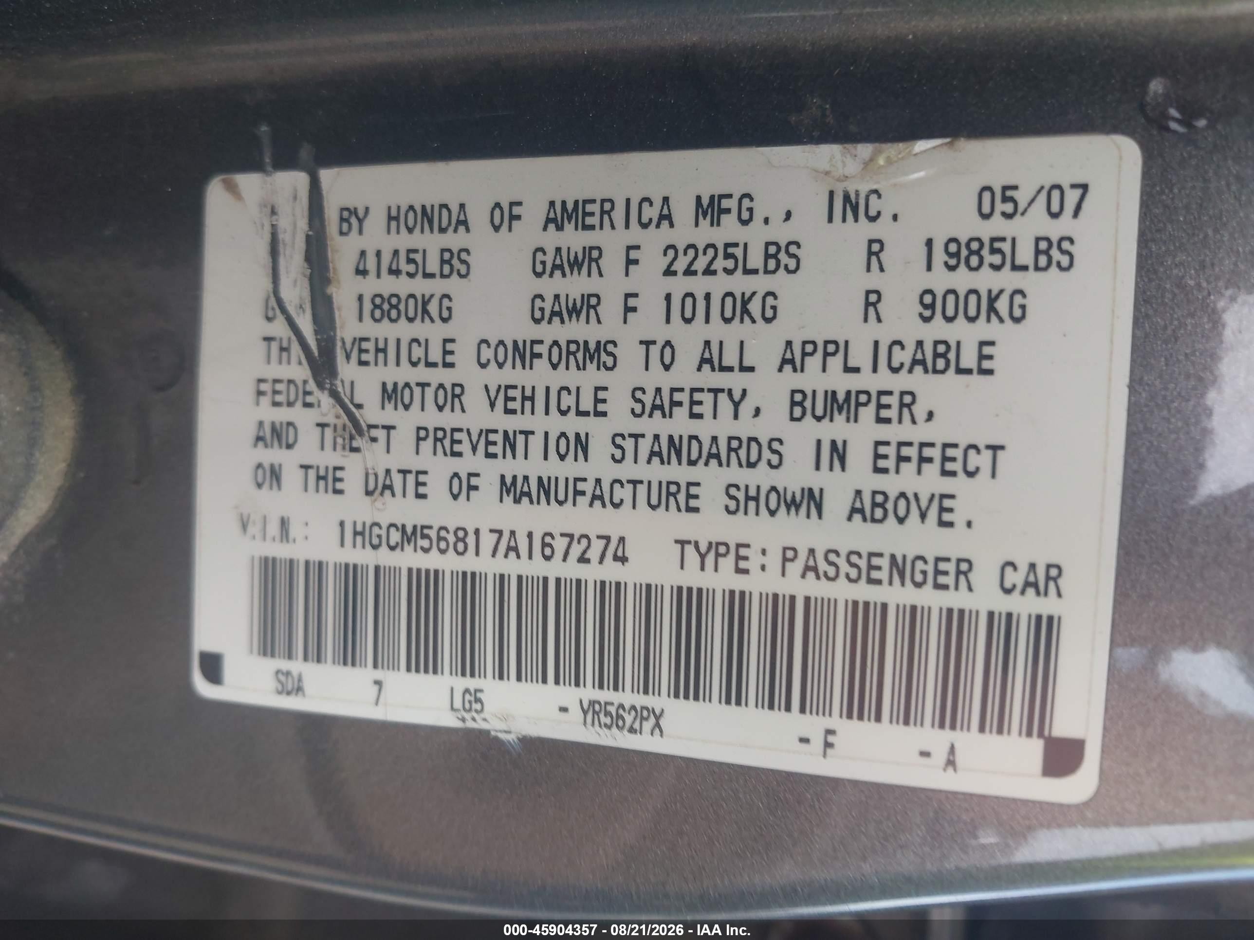 2007 Honda Accord 2.4 Ex Brown vin: 1HGCM56817A167274