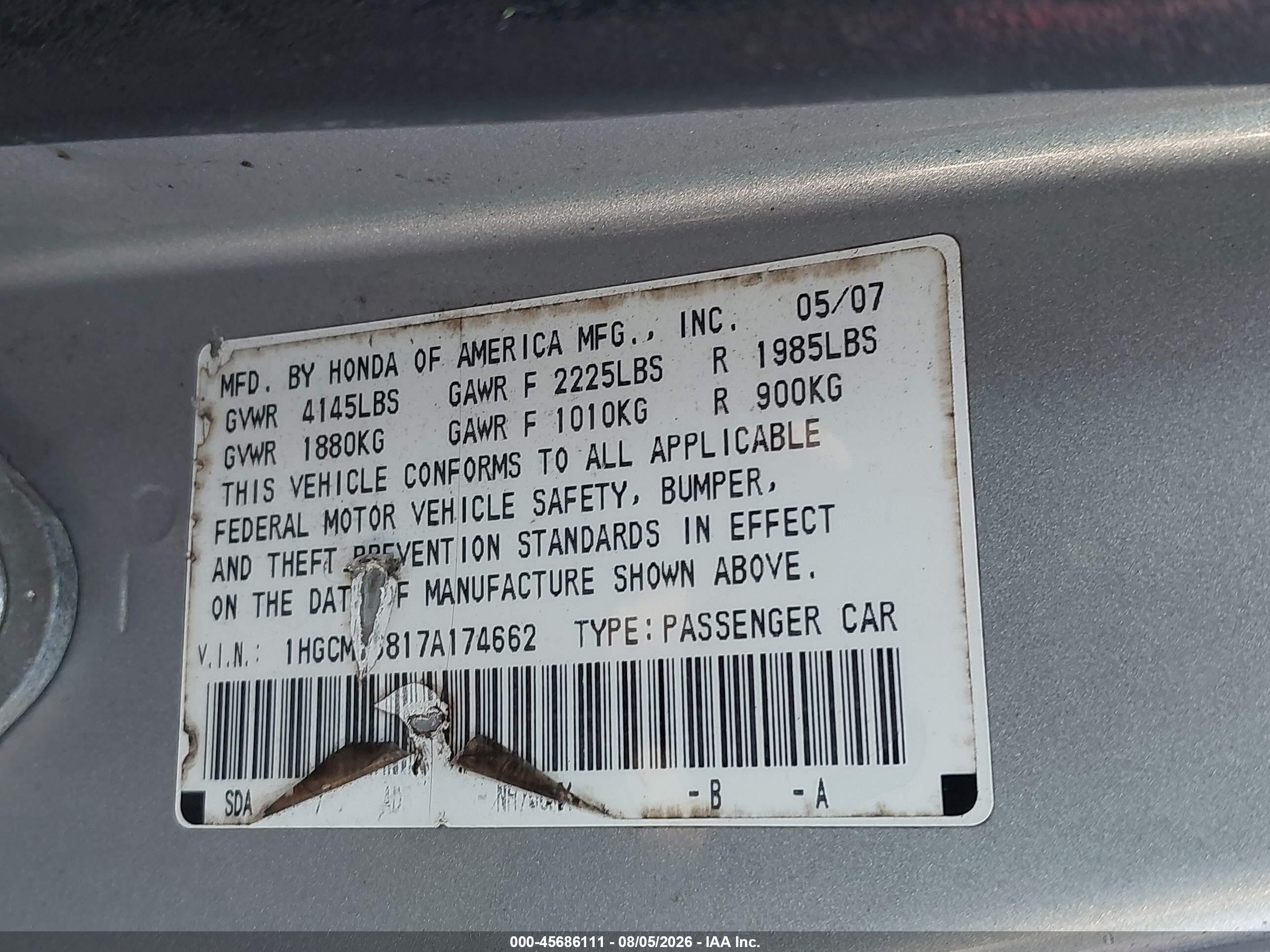 2007 Honda Accord 2.4 Ex Silver vin: 1HGCM56817A174662