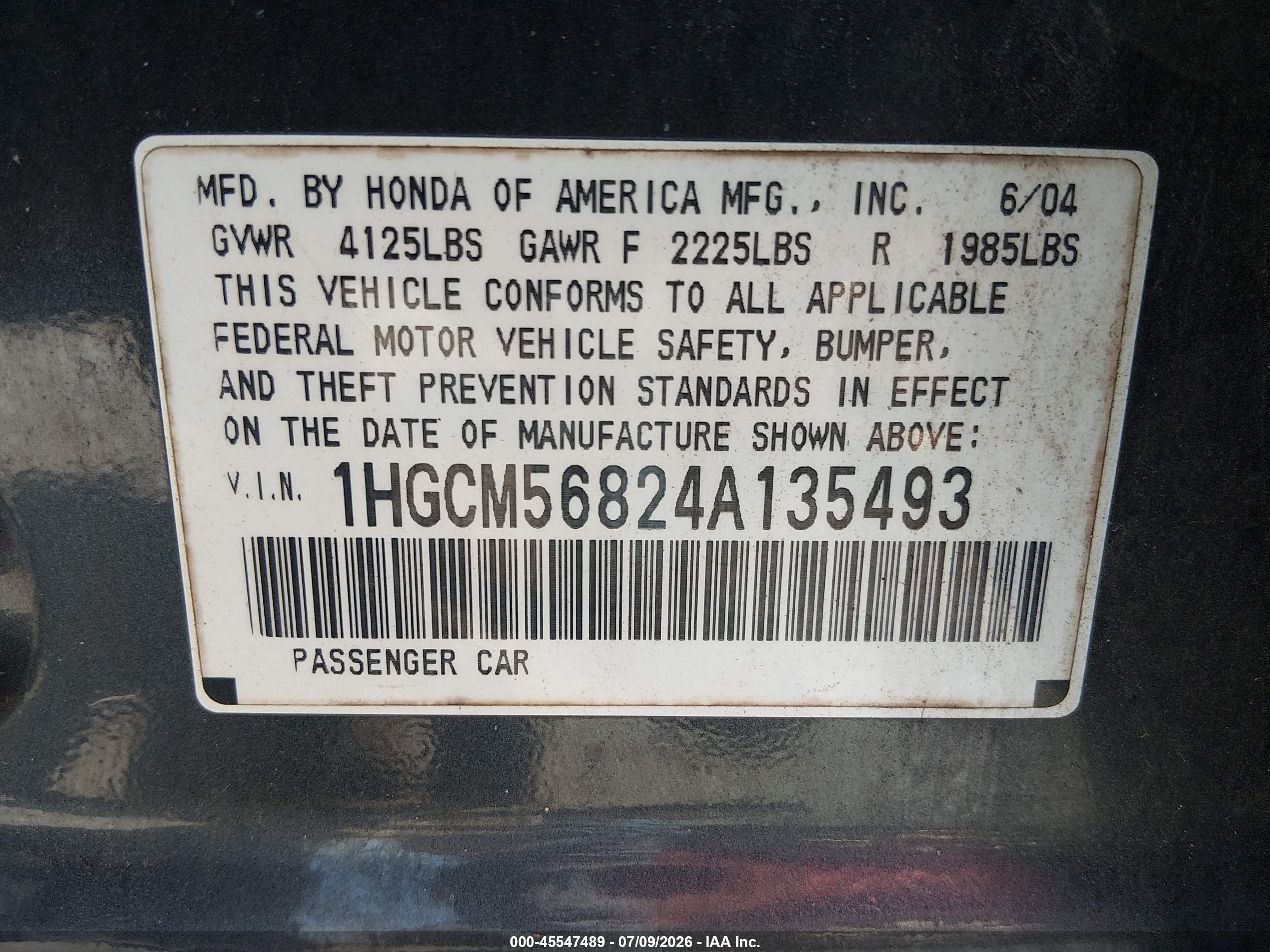 2004 Honda Accord 2.4 Ex Gray vin: 1HGCM56824A135493