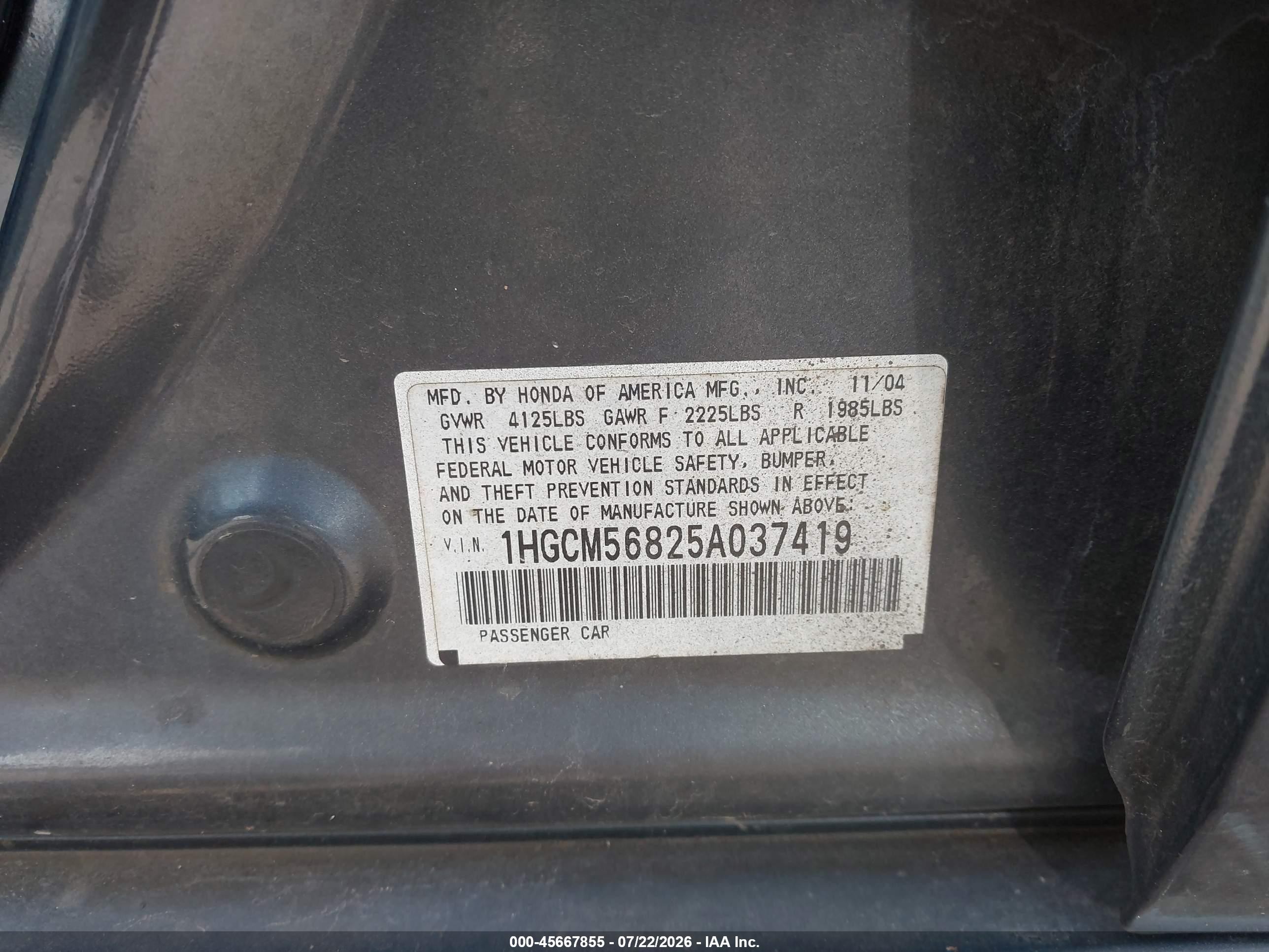 2005 Honda Accord 2.4 Ex Dark Blue vin: 1HGCM56825A037419