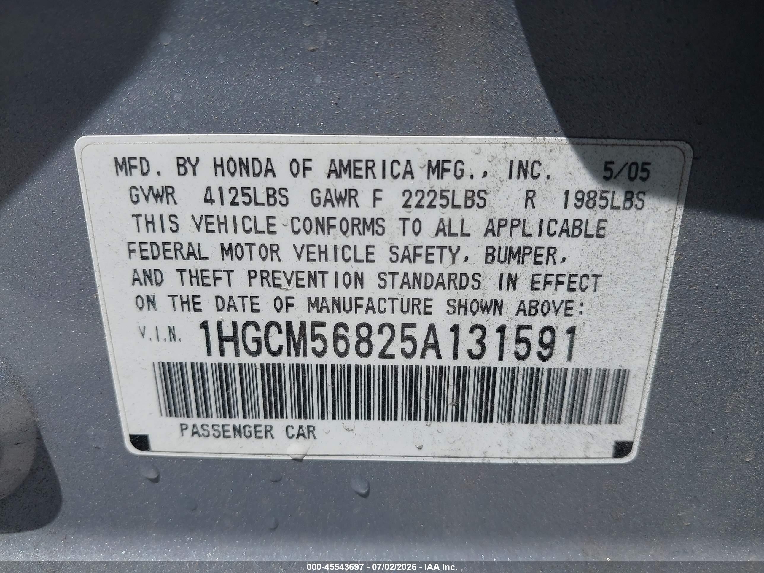 2005 Honda Accord 2.4 Ex Silver vin: 1HGCM56825A131591