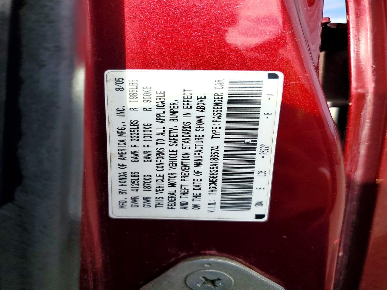2005 Honda Accord Ex Бордовый vin: 1HGCM56825A186574