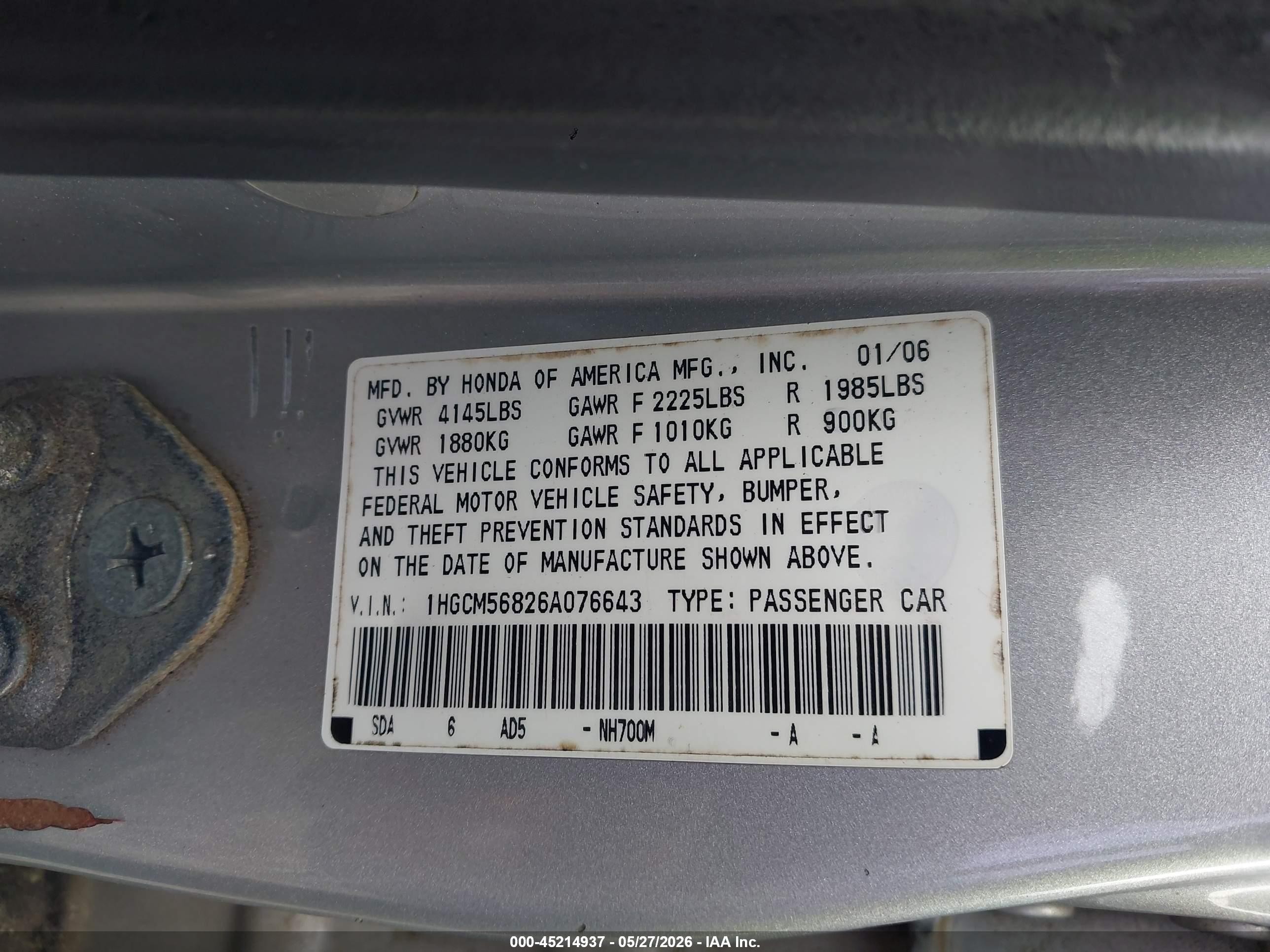 2006 Honda Accord 2.4 Ex Silver vin: 1HGCM56826A076643