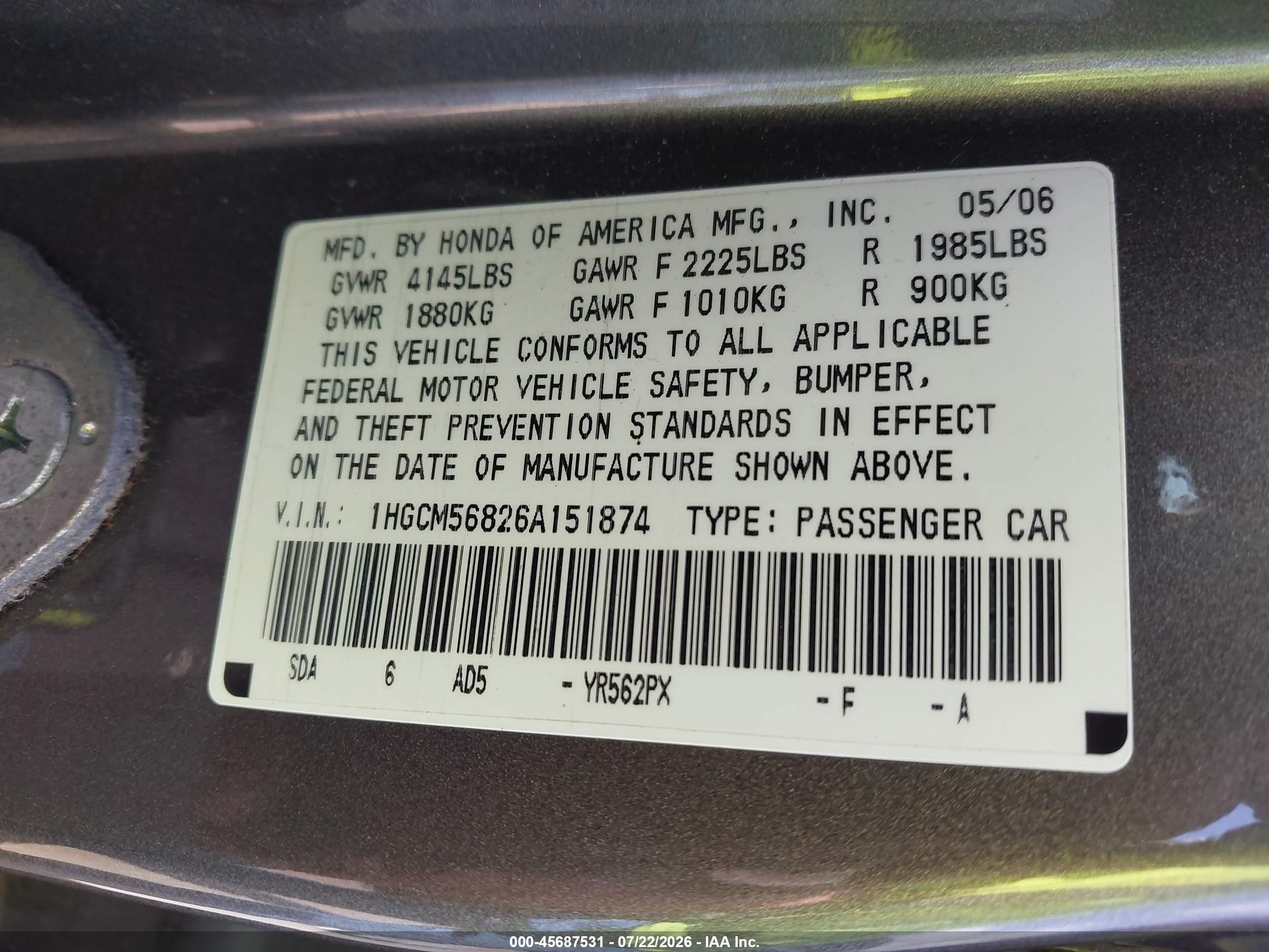 2006 Honda Accord 2.4 Ex Gray vin: 1HGCM56826A151874
