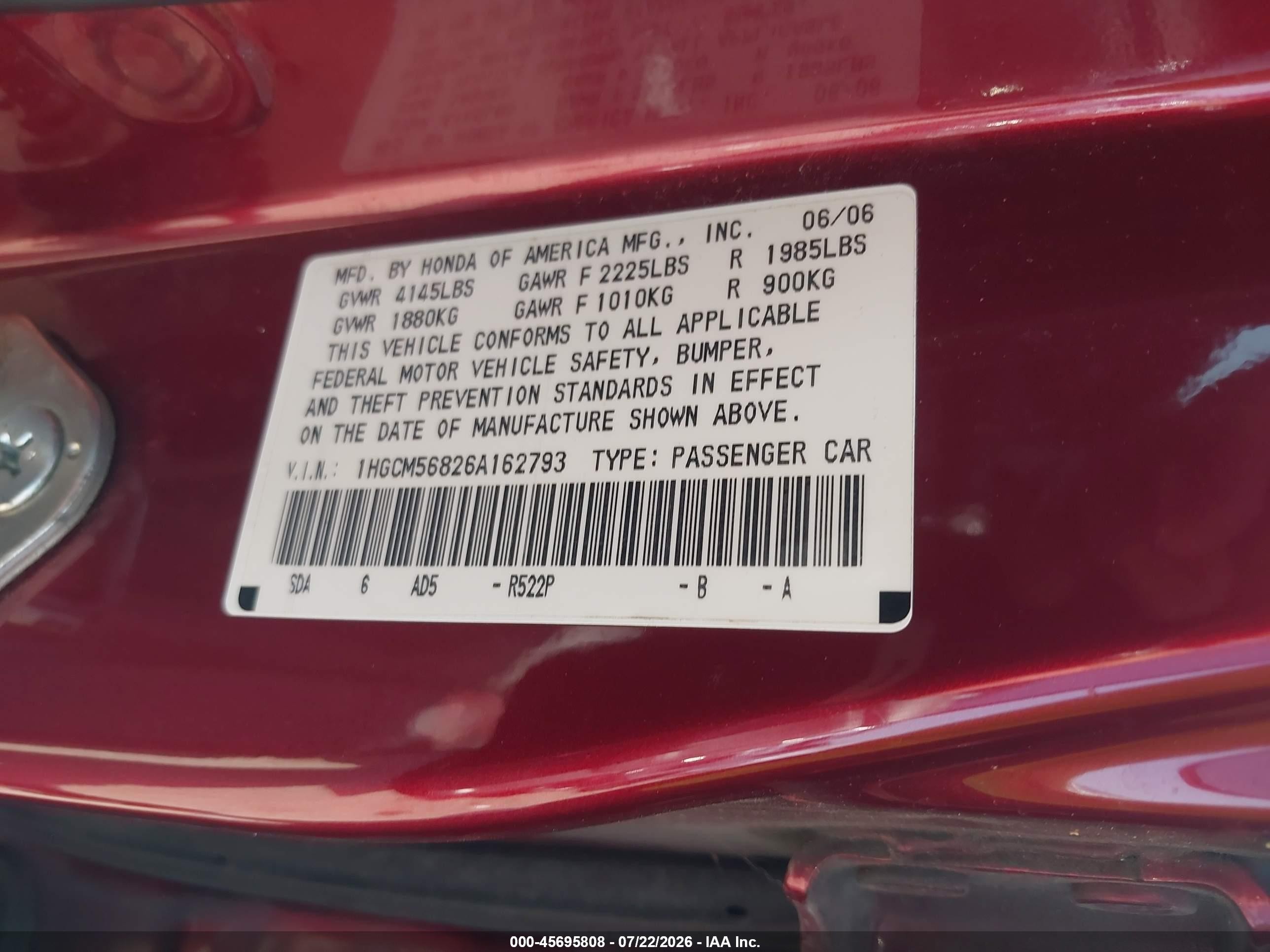 2006 Honda Accord 2.4 Ex Burgundy vin: 1HGCM56826A162793