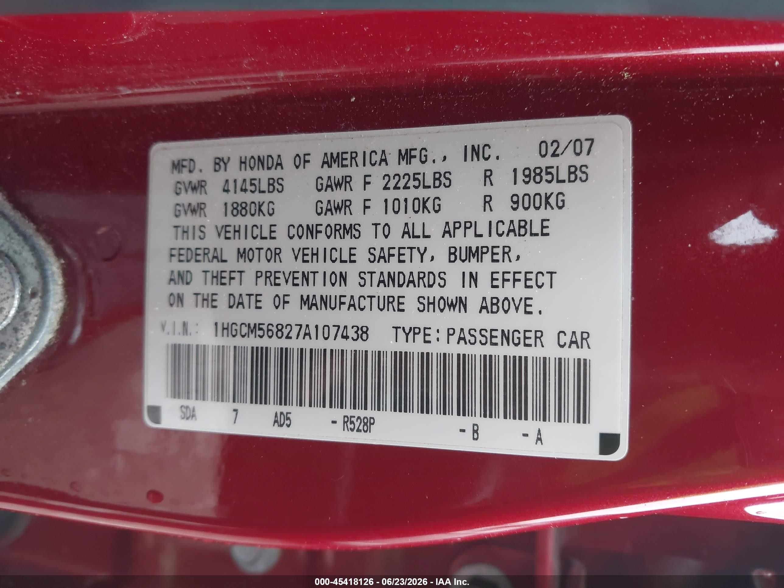 2007 Honda Accord 2.4 Ex Red vin: 1HGCM56827A107438