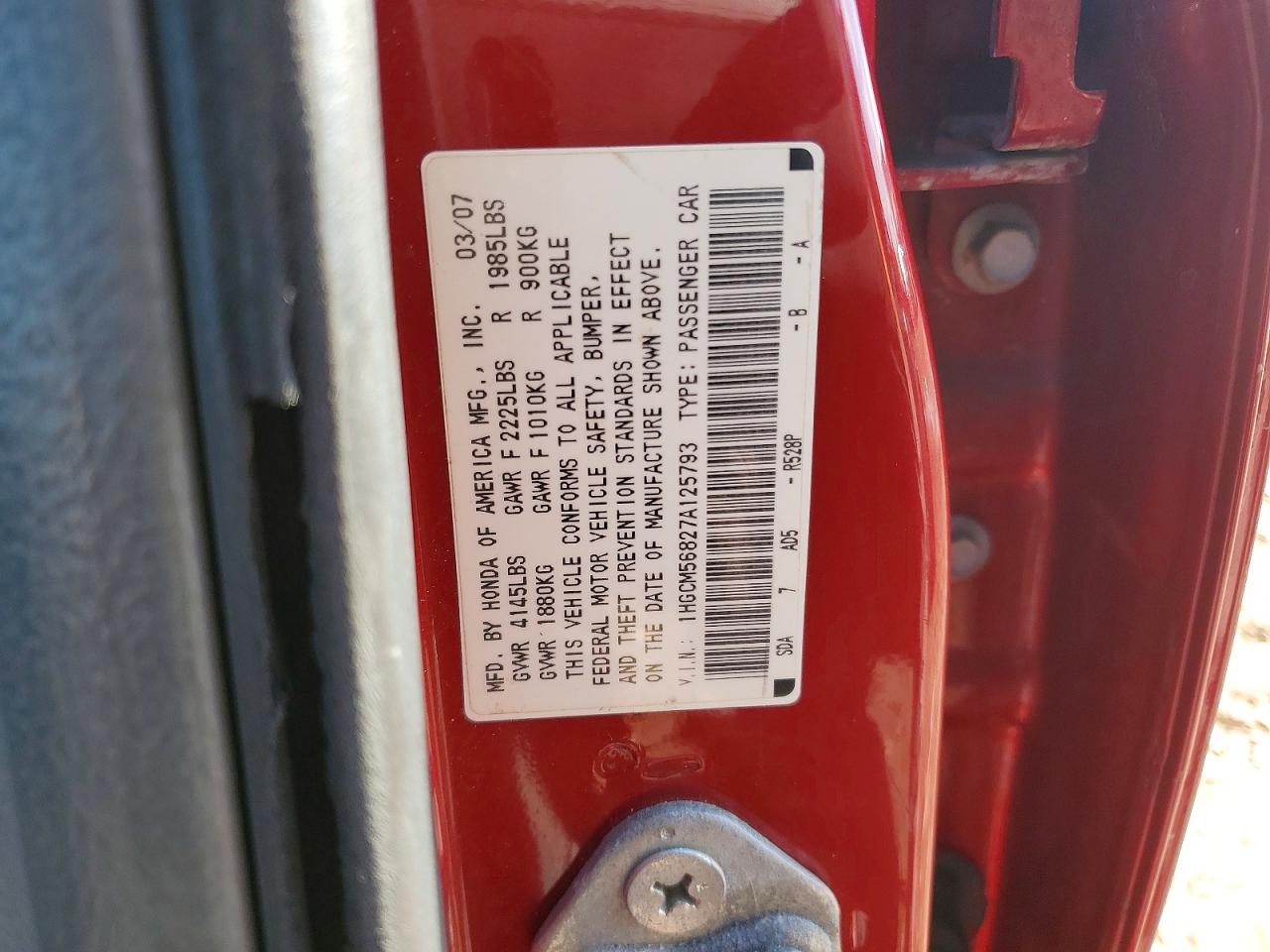 2007 Honda Accord Ex Красный vin: 1HGCM56827A125793