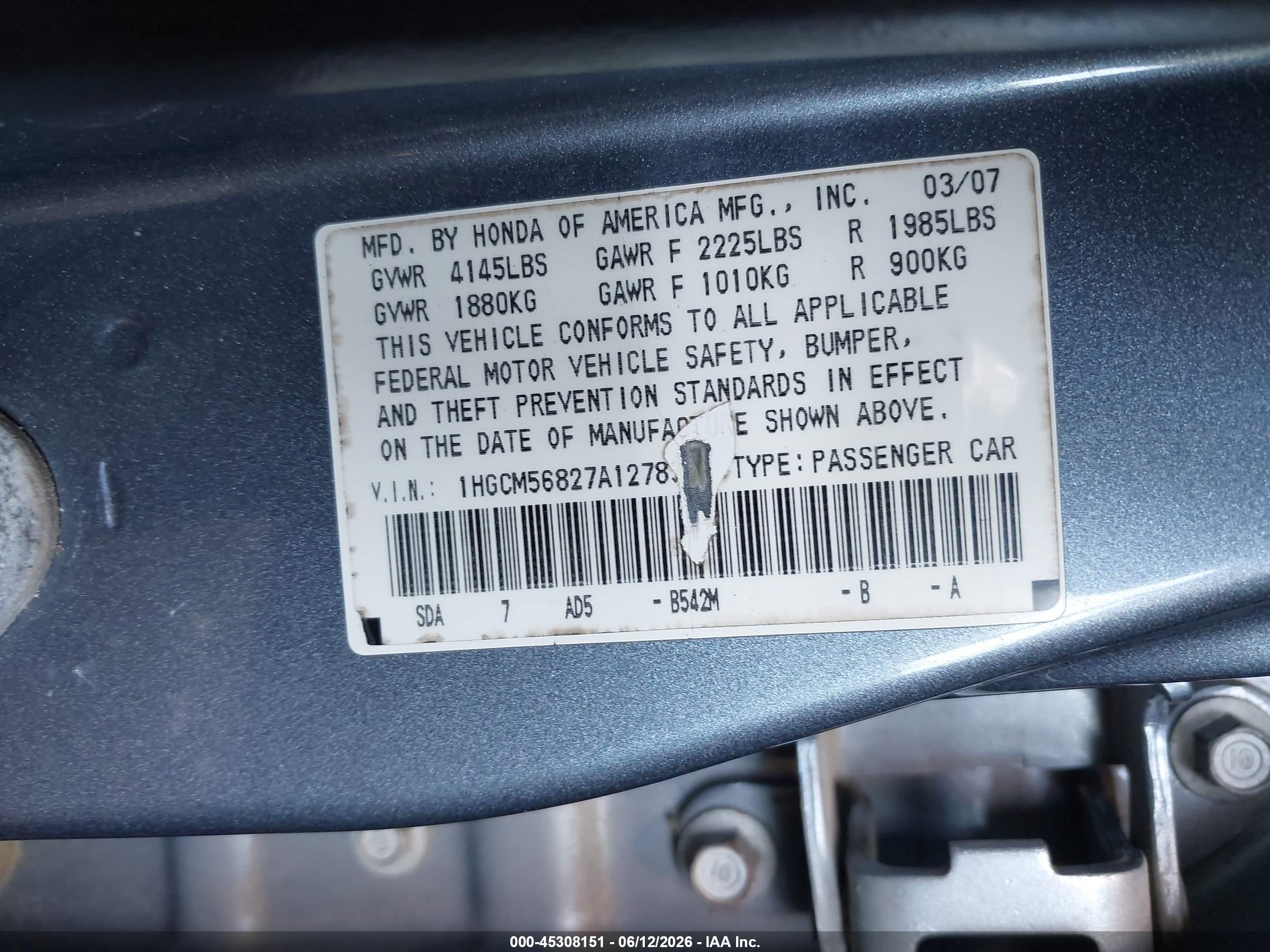 2007 Honda Accord 2.4 Ex Синий vin: 1HGCM56827A127835