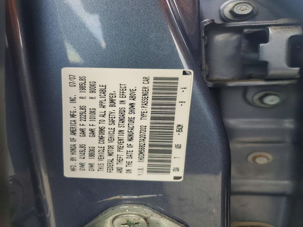 2007 Honda Accord Ex Blue vin: 1HGCM56827A207202