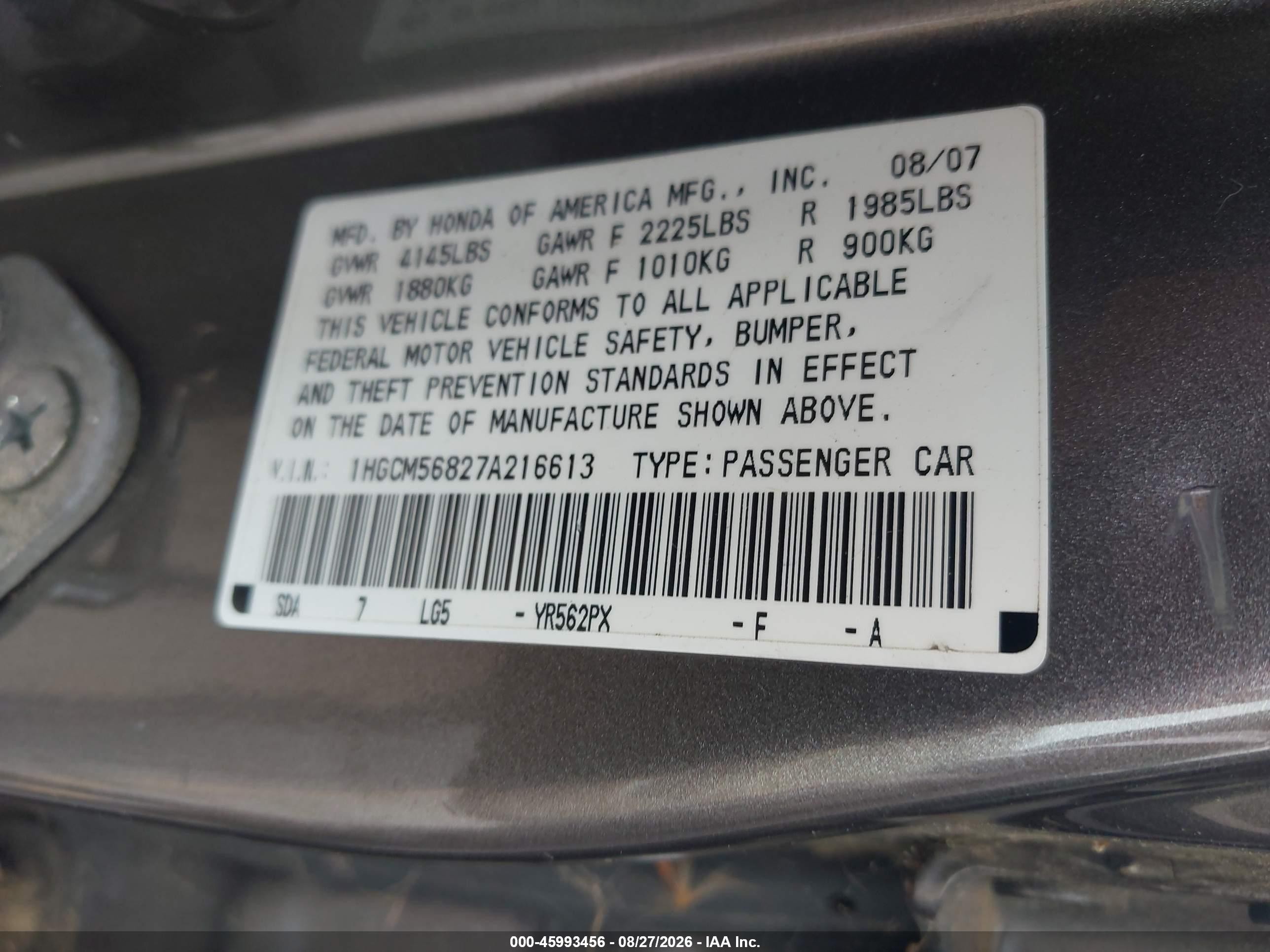 2007 Honda Accord 2.4 Ex Silver vin: 1HGCM56827A216613