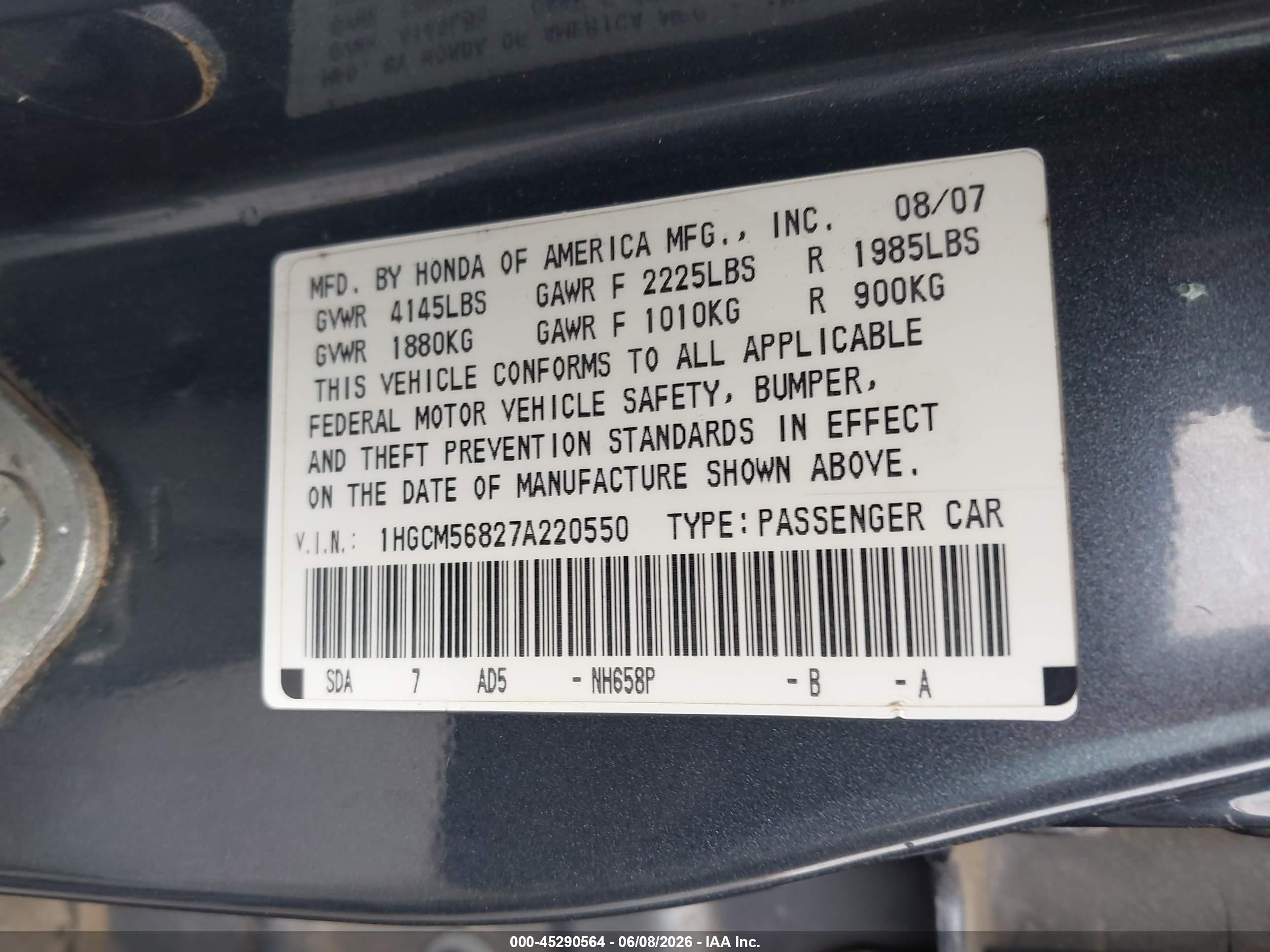 2007 Honda Accord 2.4 Ex Gray vin: 1HGCM56827A220550