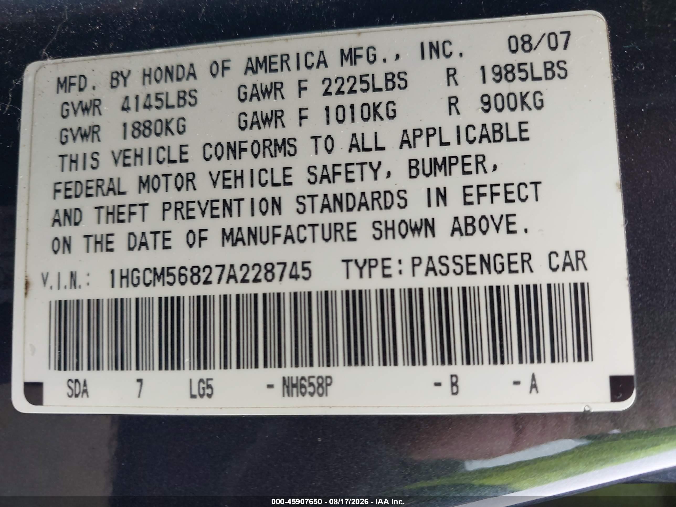 2007 Honda Accord 2.4 Ex Серый vin: 1HGCM56827A228745