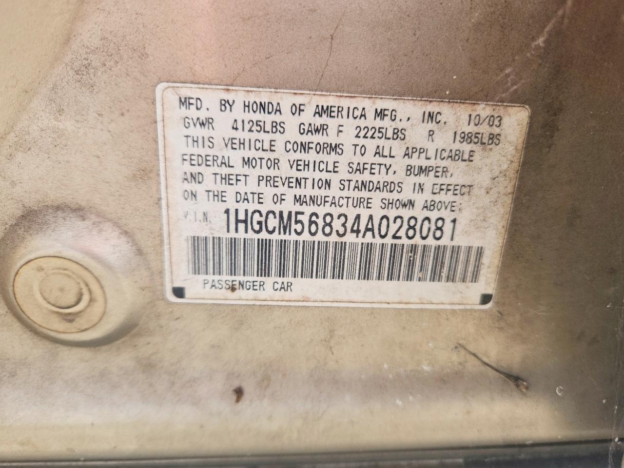 2004 Honda Accord Ex Gold vin: 1HGCM56834A028081