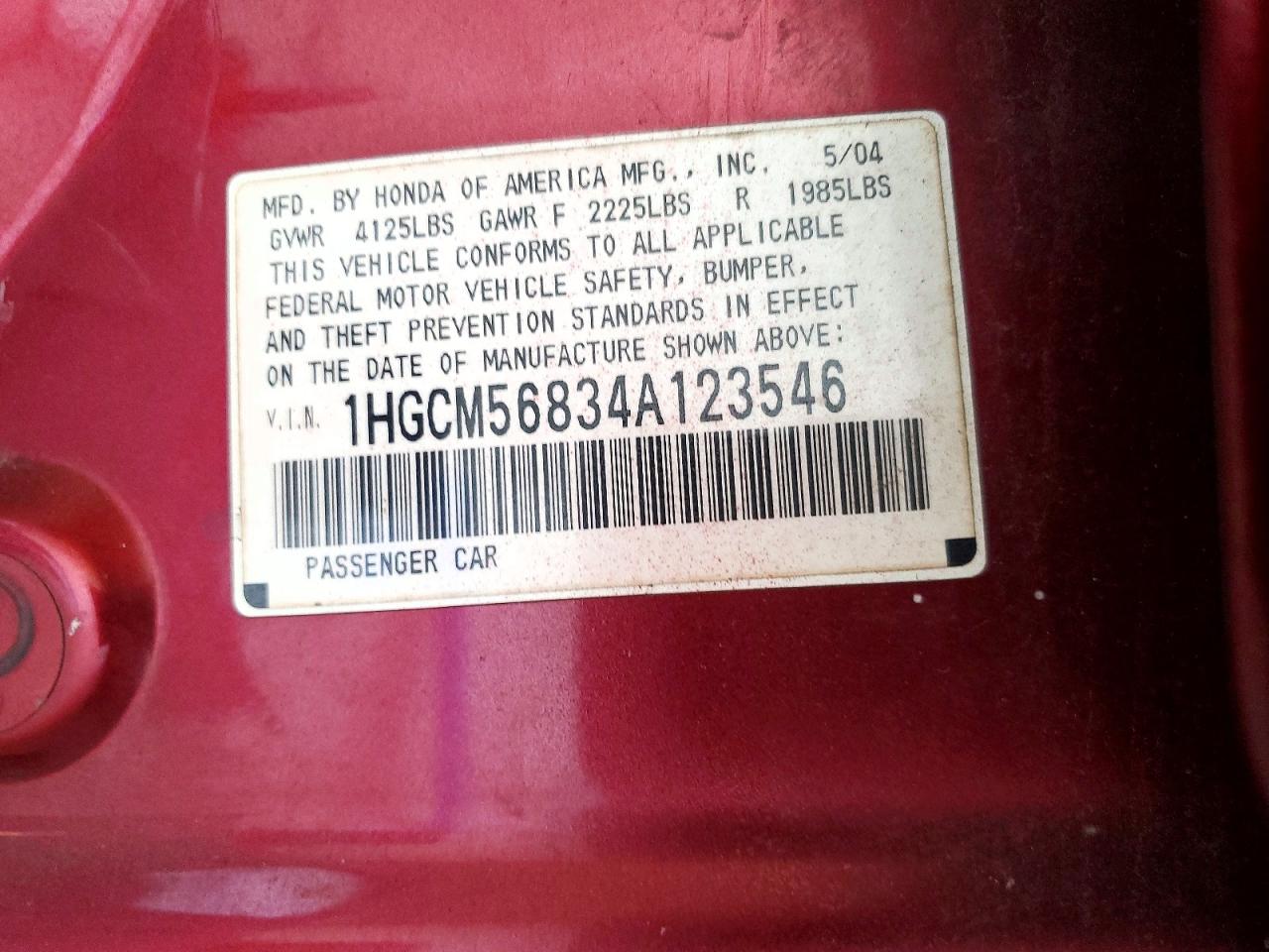 2004 Honda Accord Ex Red vin: 1HGCM56834A123546