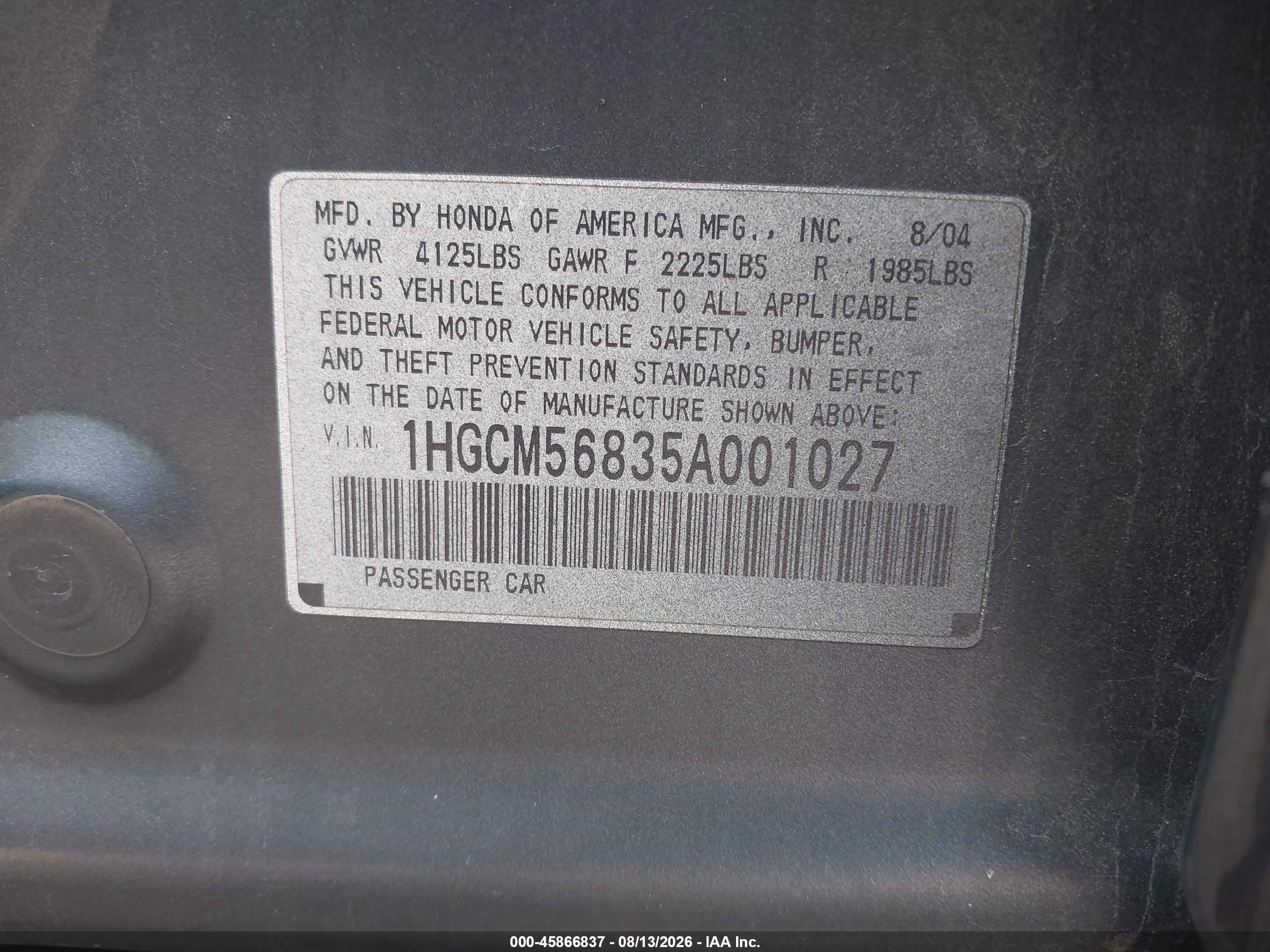 2005 Honda Accord 2.4 Ex Gray vin: 1HGCM56835A001027