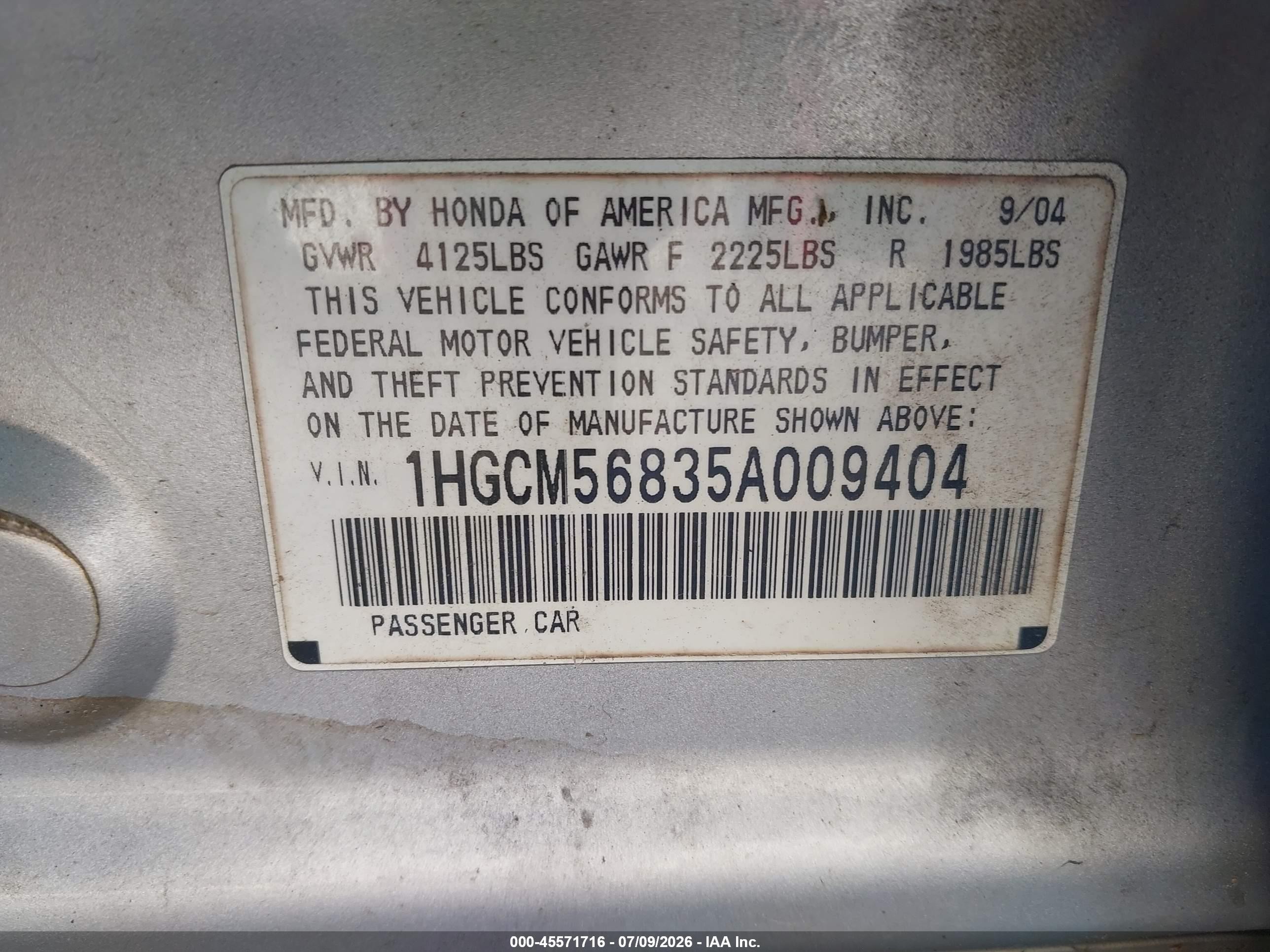 2005 Honda Accord 2.4 Ex Silver vin: 1HGCM56835A009404