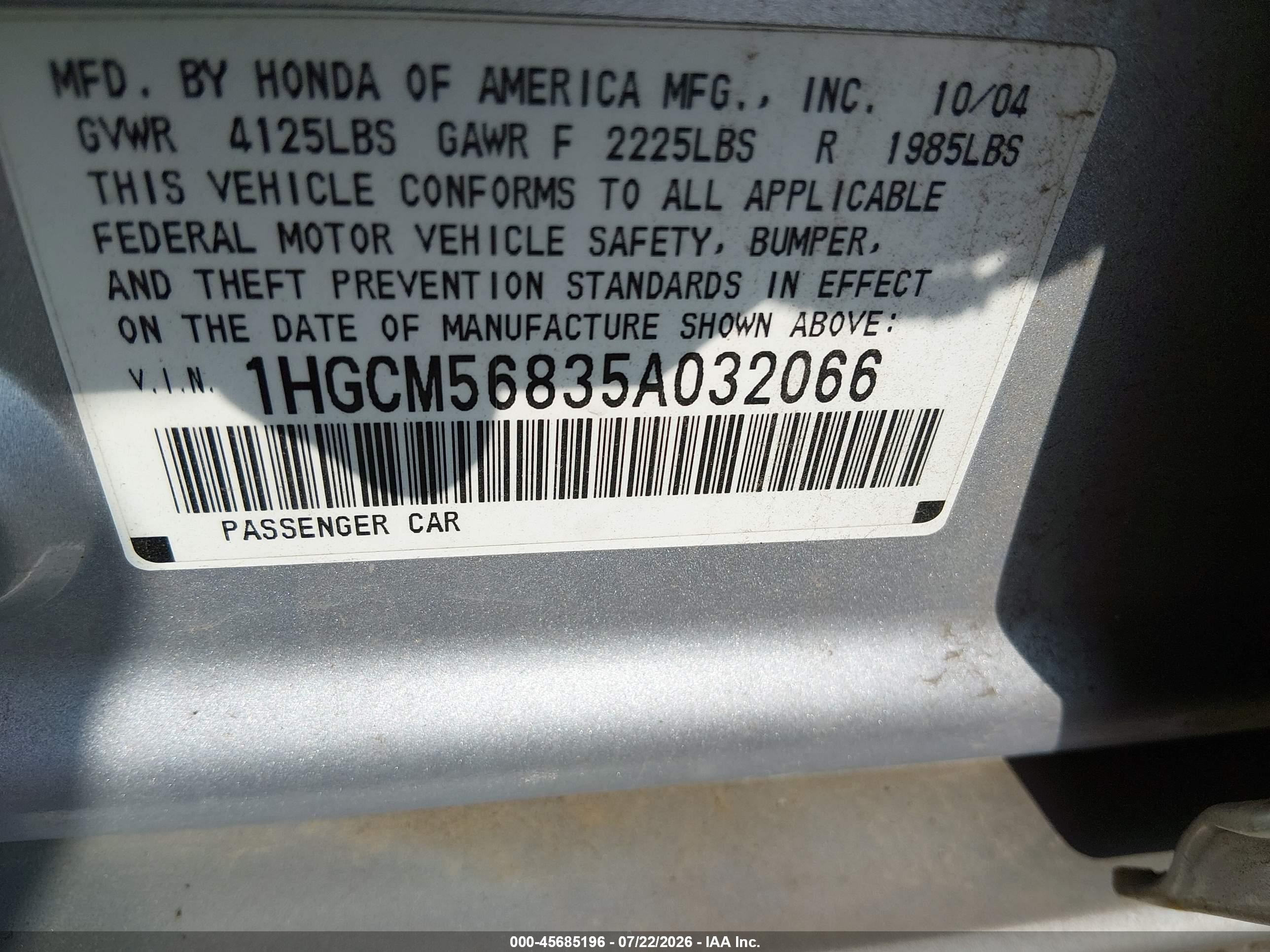 2005 Honda Accord 2.4 Ex Gray vin: 1HGCM56835A032066