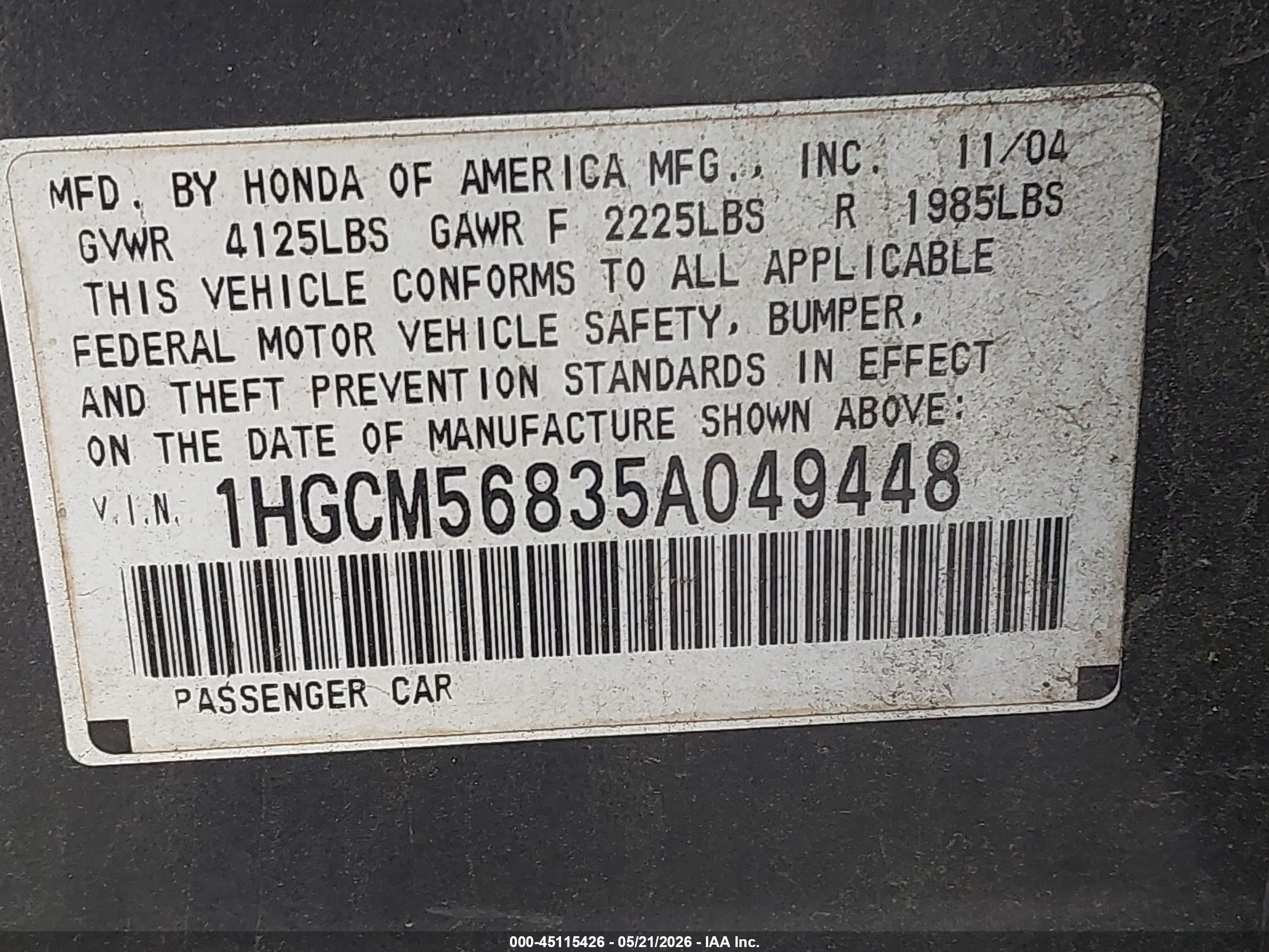 2005 Honda Accord 2.4 Ex Gray vin: 1HGCM56835A049448