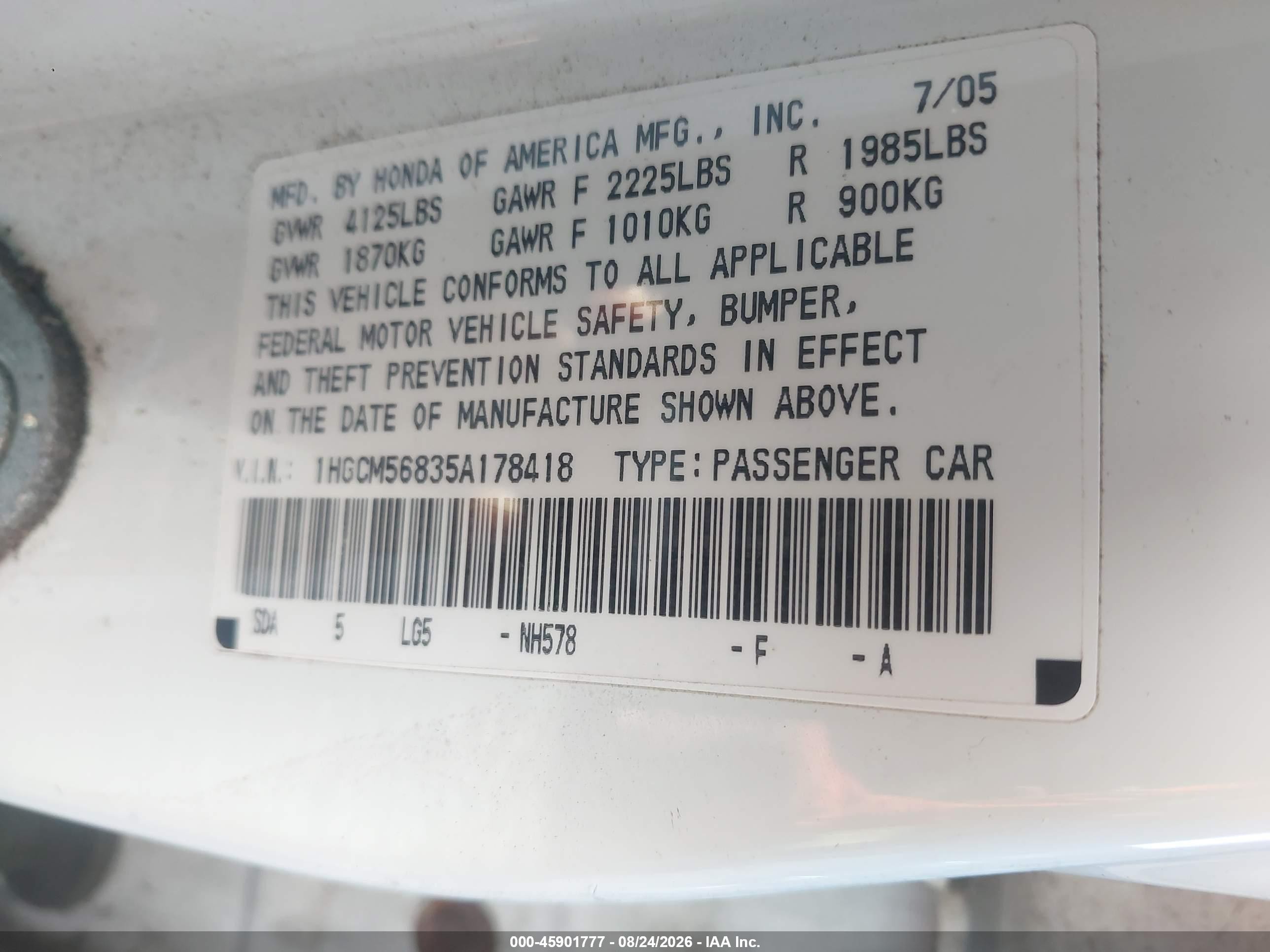 2005 Honda Accord 2.4 Ex White vin: 1HGCM56835A178418