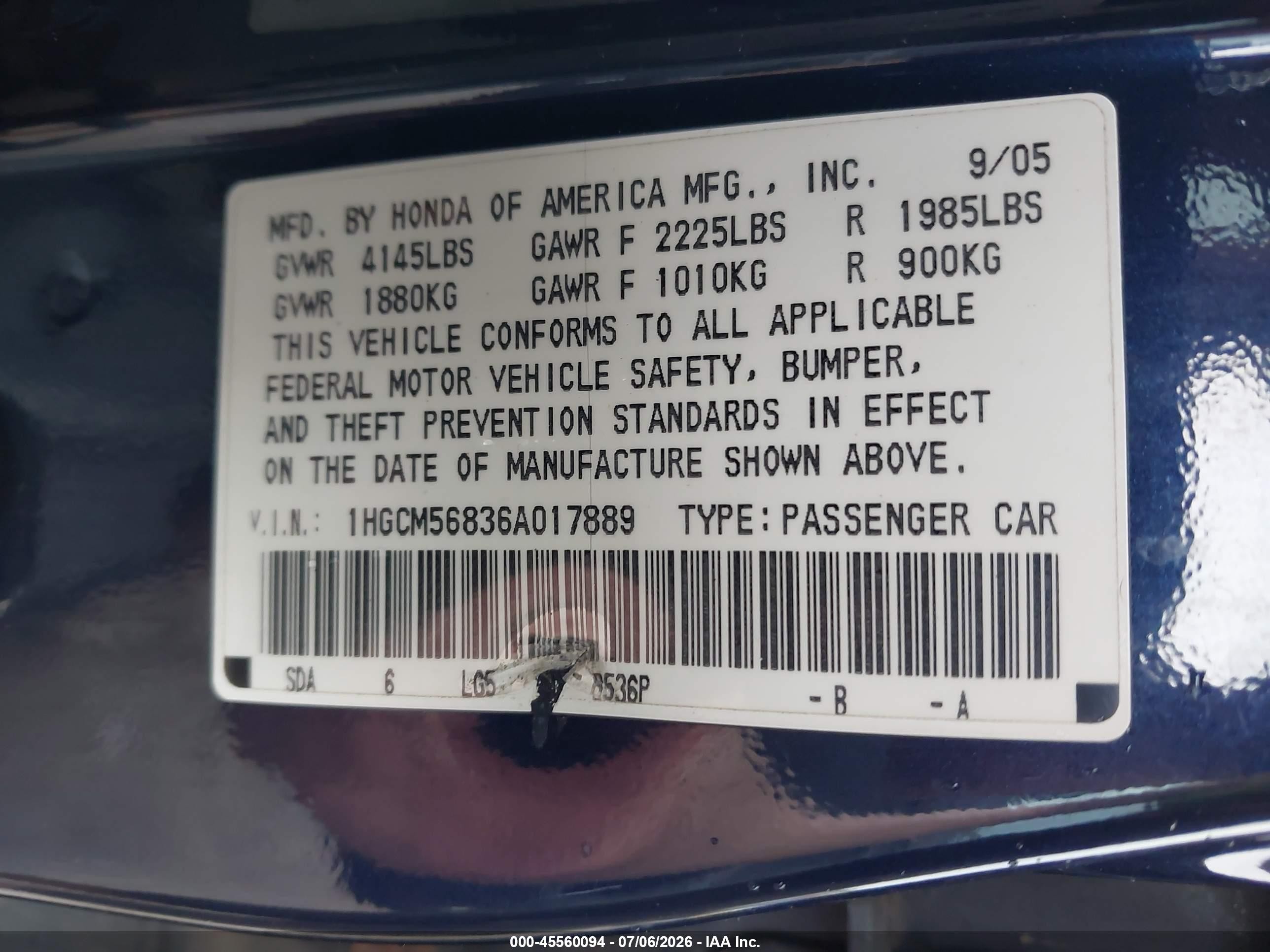 2006 Honda Accord 2.4 Ex Blue vin: 1HGCM56836A017889