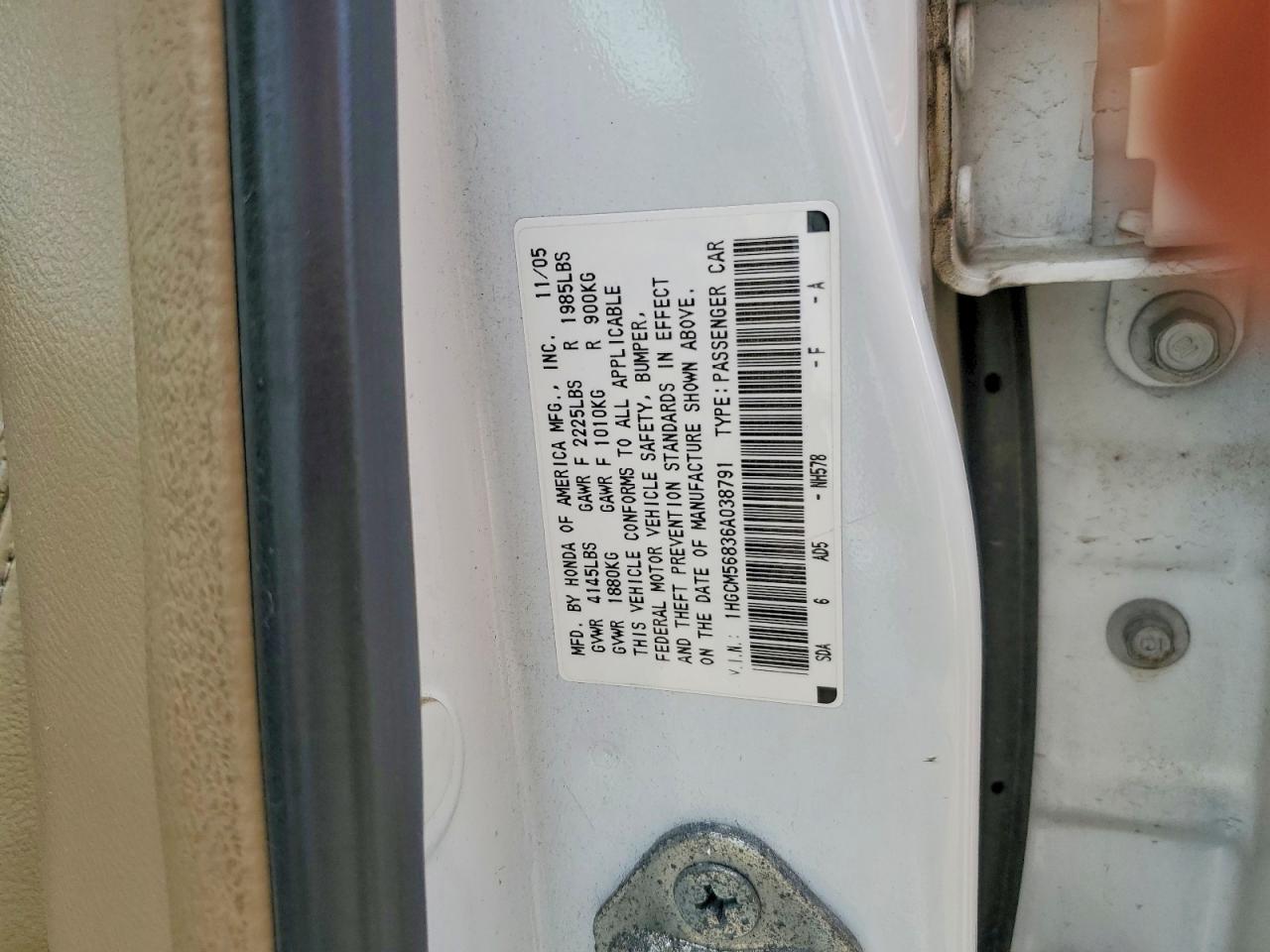 2006 Honda Accord Ex White vin: 1HGCM56836A038791