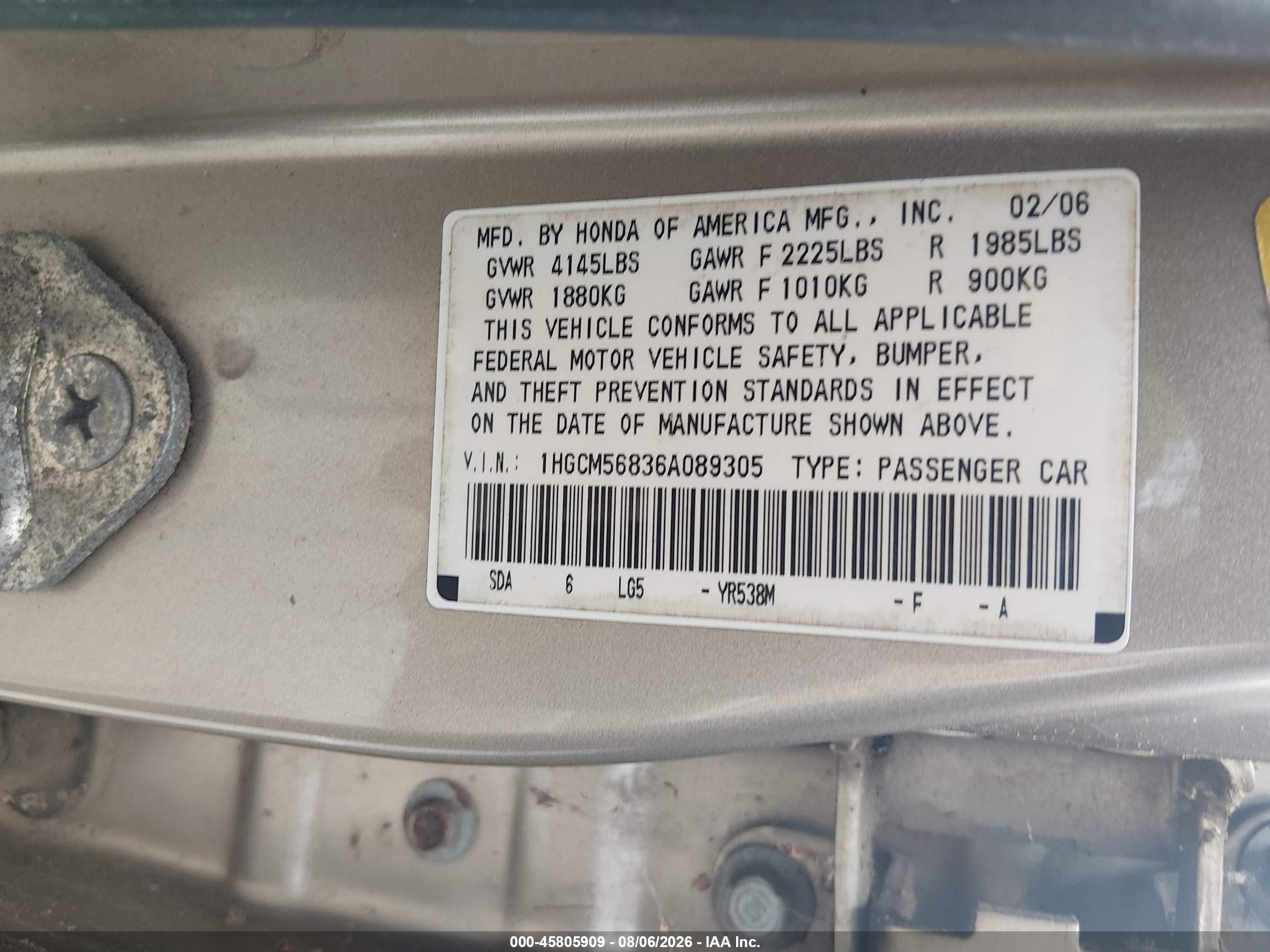 2006 Honda Accord 2.4 Ex Gold vin: 1HGCM56836A089305