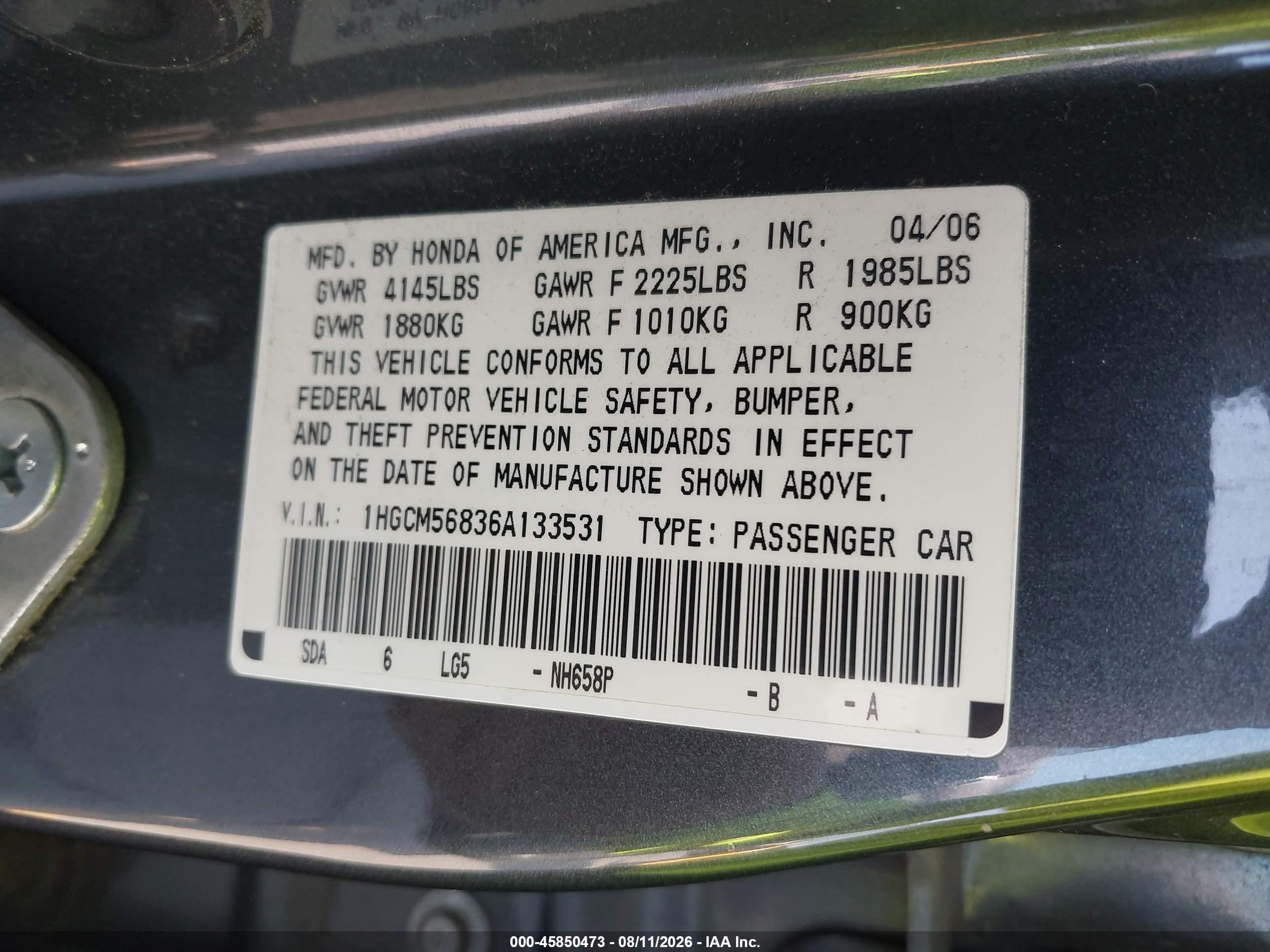 2006 Honda Accord 2.4 Ex Серый vin: 1HGCM56836A133531