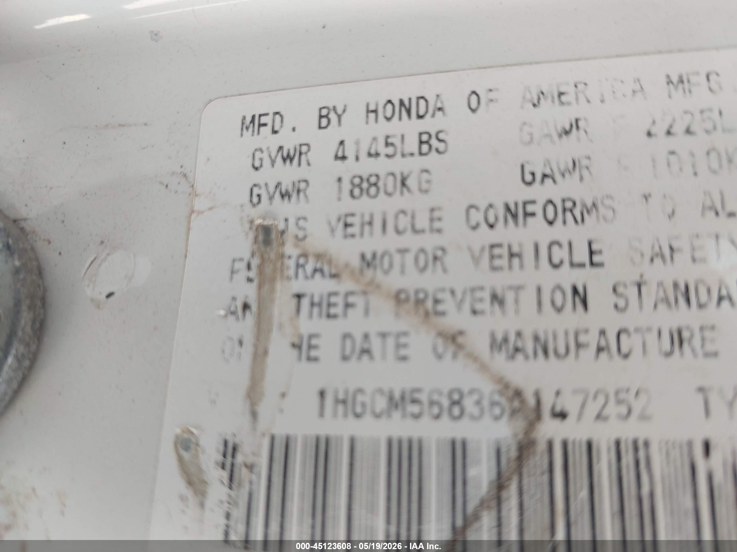 2006 Honda Accord 2.4 Ex White vin: 1HGCM56836A147252