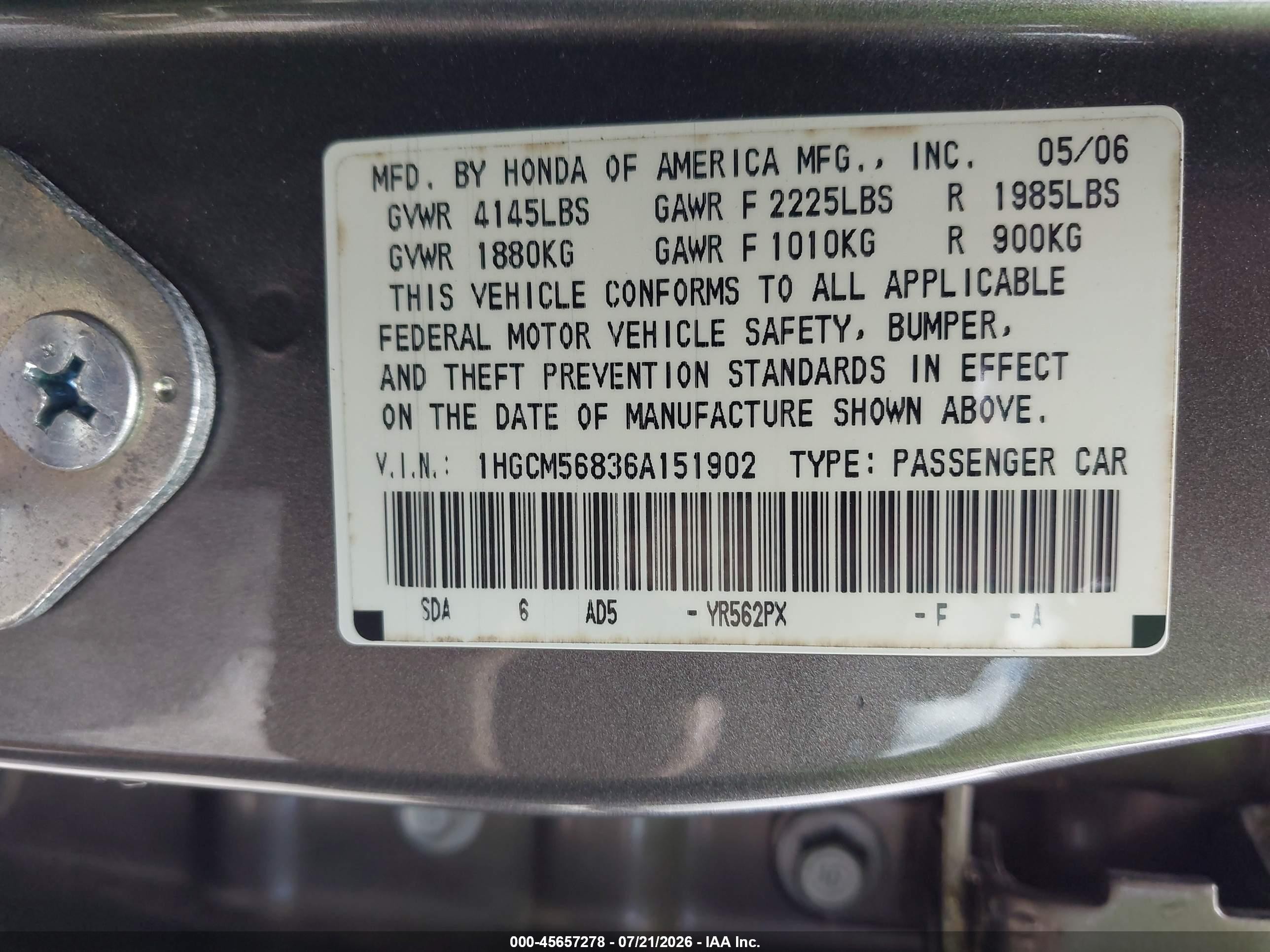 2006 Honda Accord 2.4 Ex Gray vin: 1HGCM56836A151902