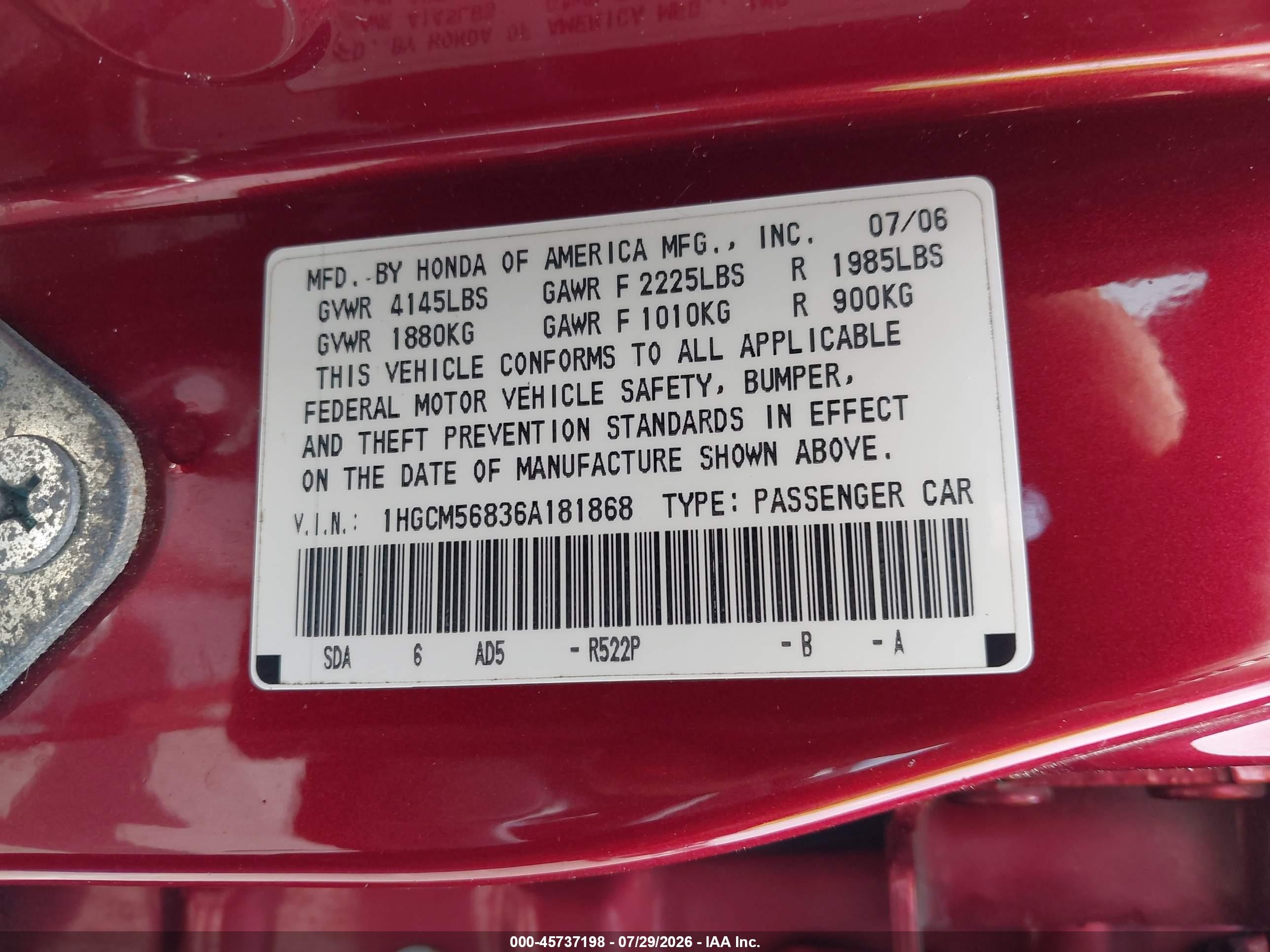 2006 Honda Accord 2.4 Ex Red vin: 1HGCM56836A181868