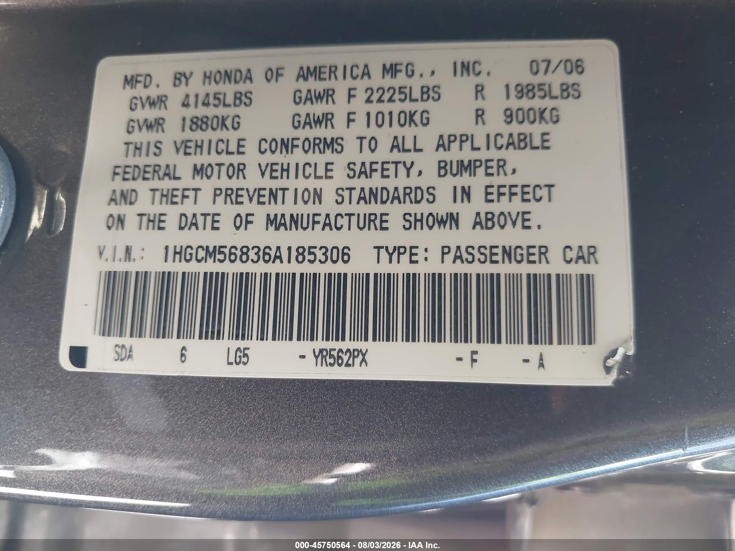 2006 Honda Accord 2.4 Ex Gray vin: 1HGCM56836A185306