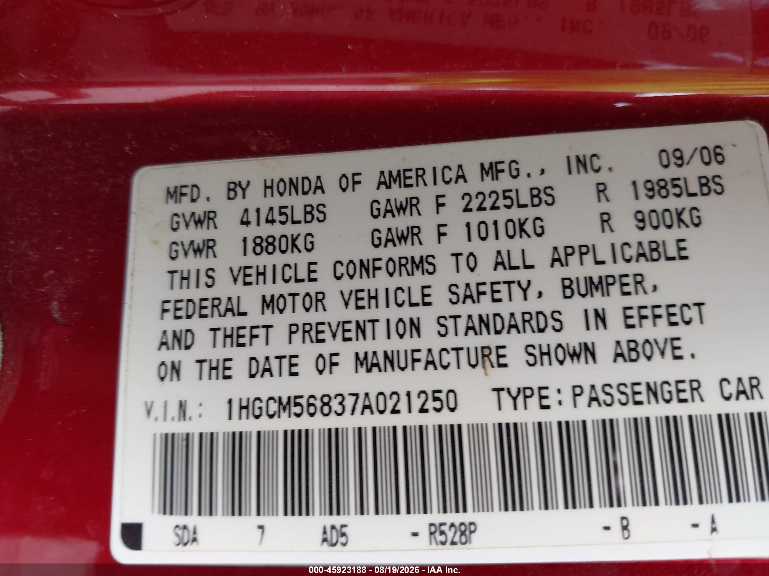 2007 Honda Accord 2.4 Ex Red vin: 1HGCM56837A021250