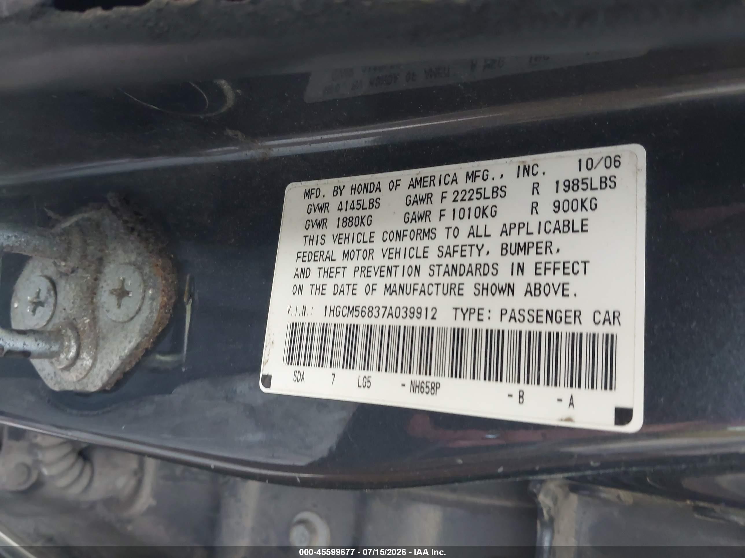 2007 Honda Accord 2.4 Ex Gray vin: 1HGCM56837A039912