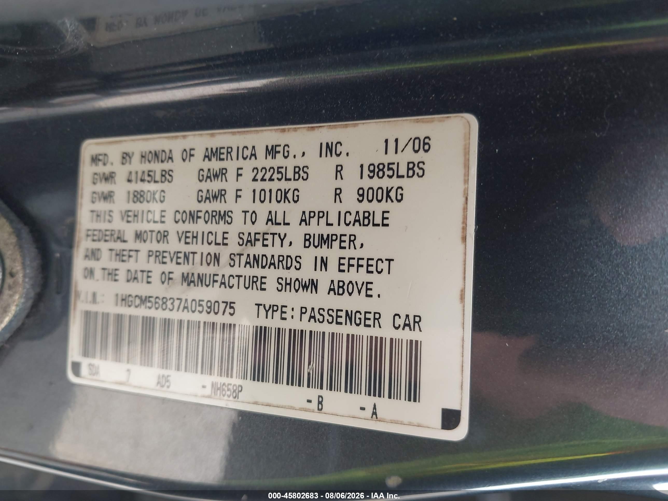 2007 Honda Accord 2.4 Ex Gray vin: 1HGCM56837A059075