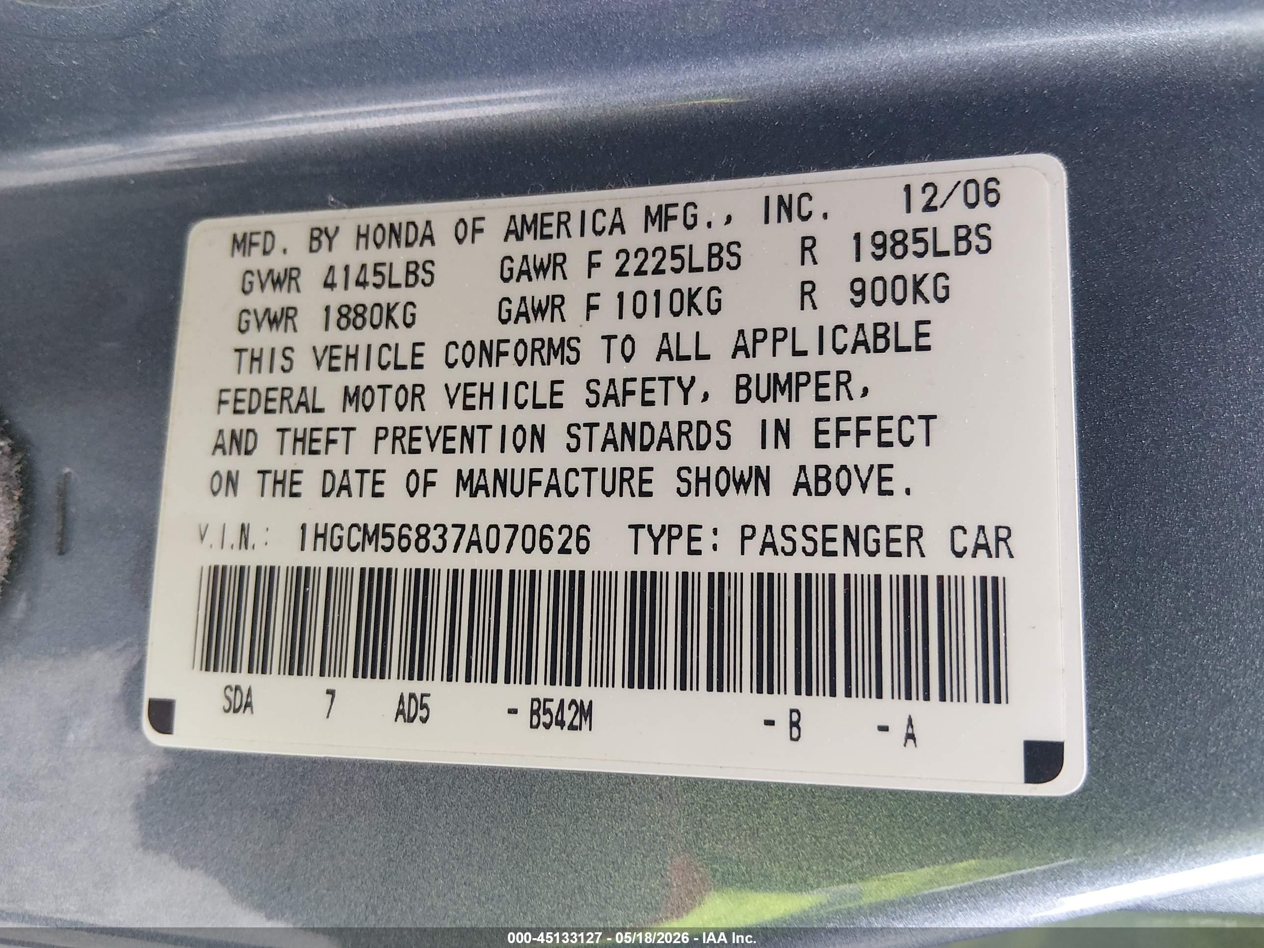 2007 Honda Accord 2.4 Ex Blue vin: 1HGCM56837A070626