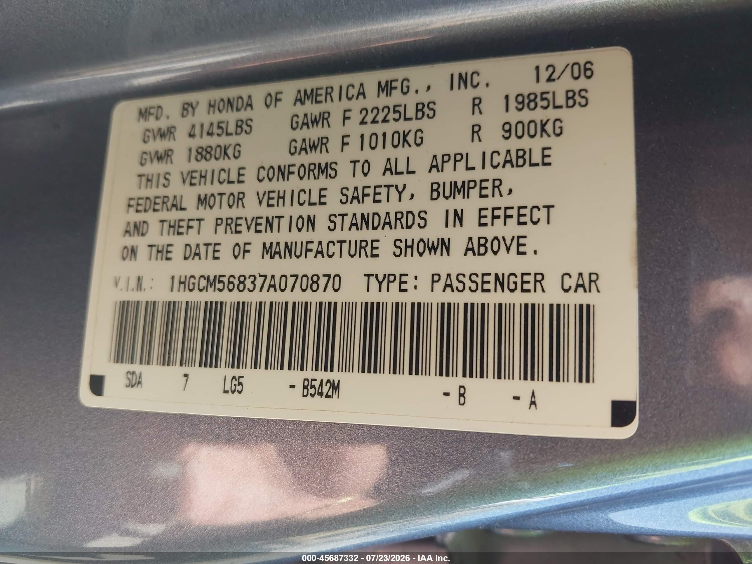 2007 Honda Accord 2.4 Ex Blue vin: 1HGCM56837A070870