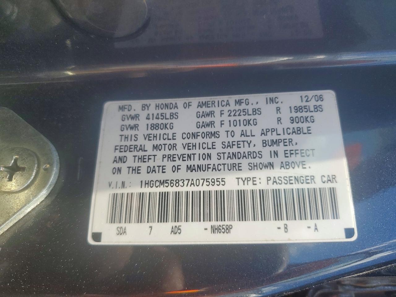 2007 Honda Accord Ex Gray vin: 1HGCM56837A075955