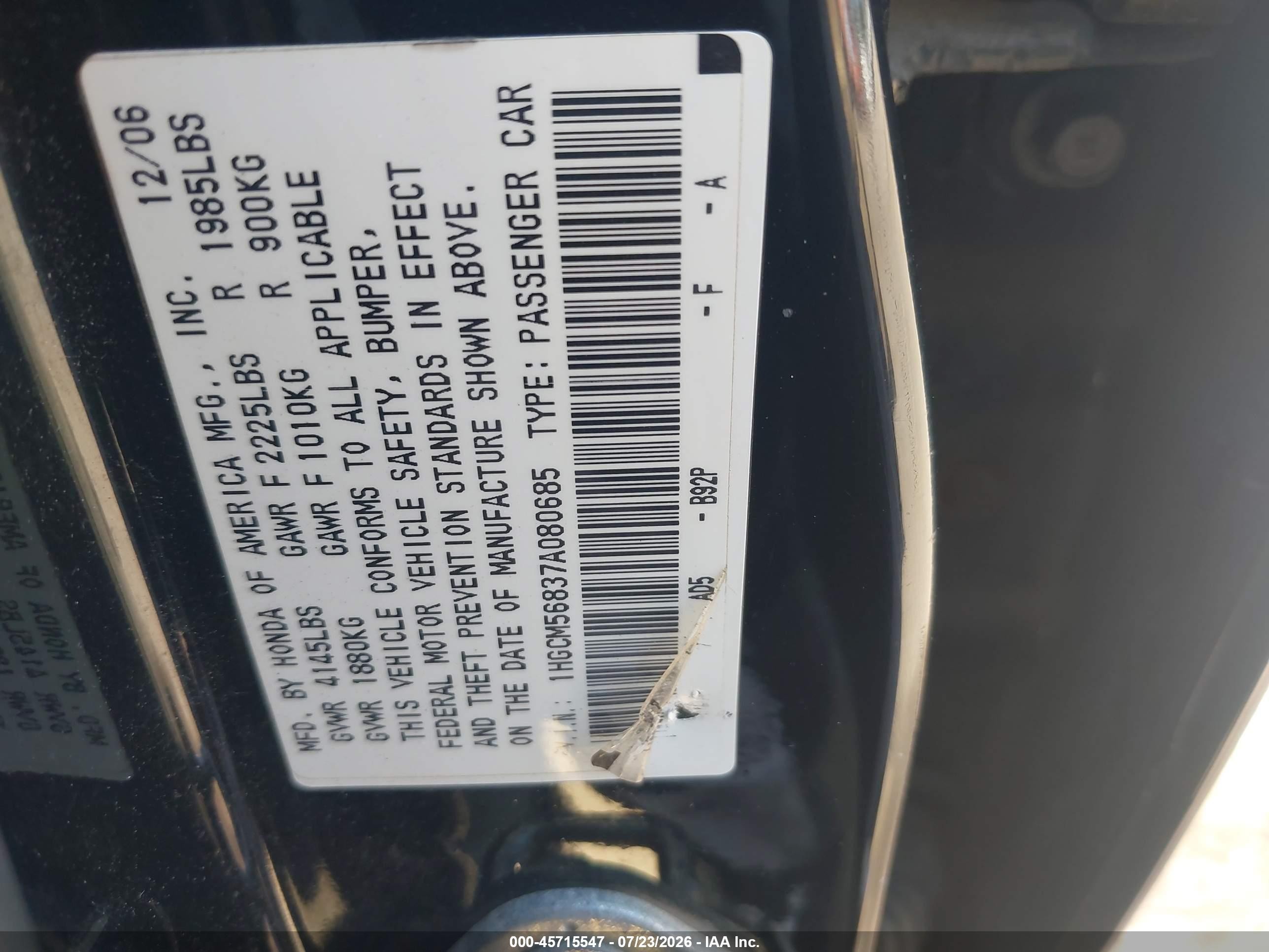 2007 Honda Accord 2.4 Ex Black vin: 1HGCM56837A080685