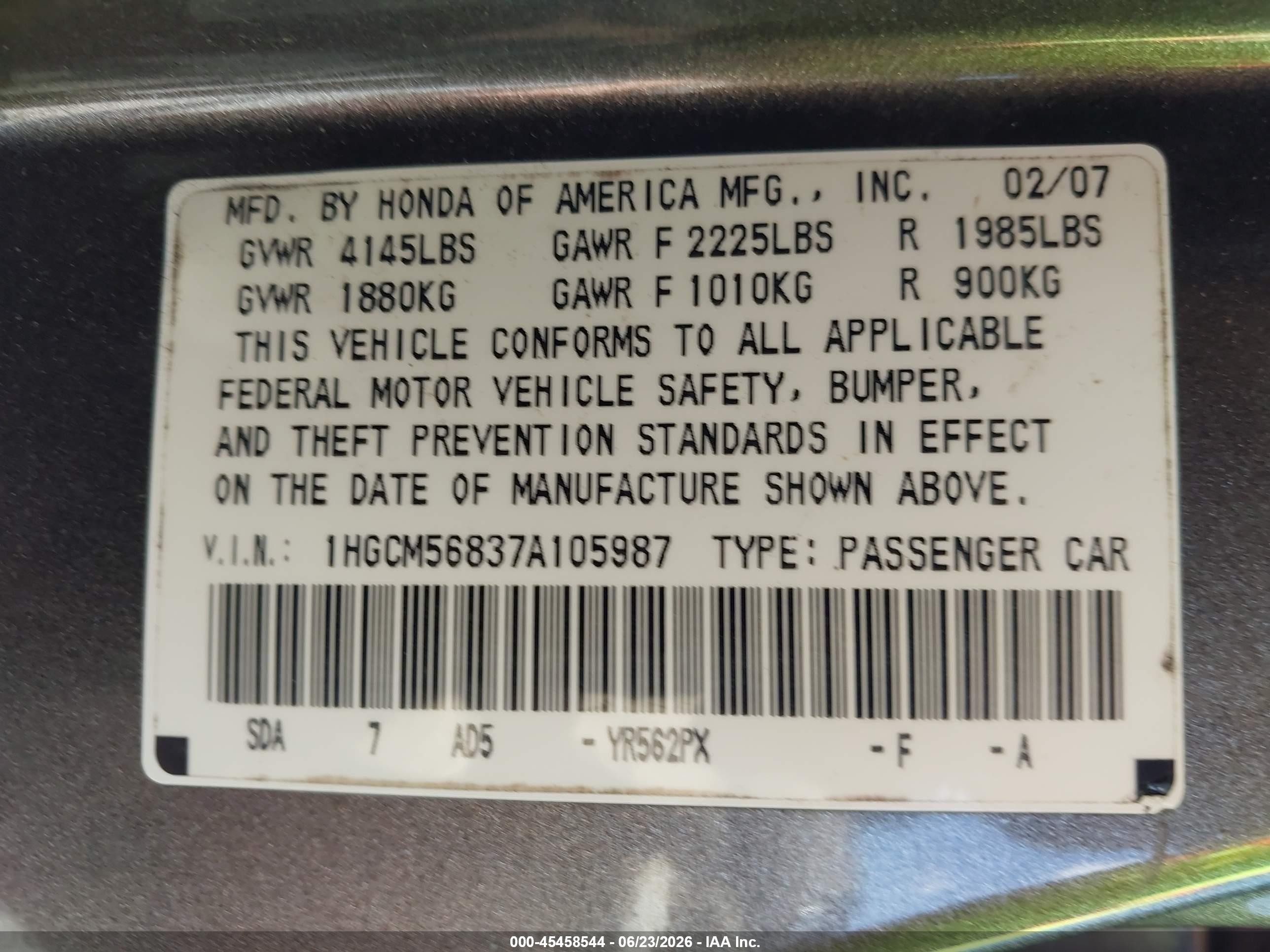 2007 Honda Accord 2.4 Ex Gray vin: 1HGCM56837A105987