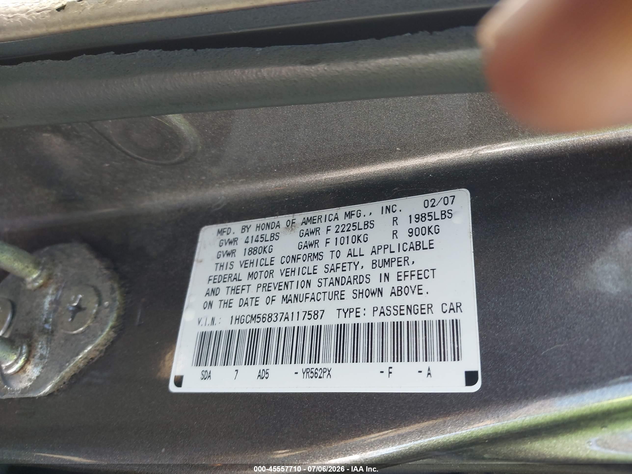 2007 Honda Accord 2.4 Ex Beige vin: 1HGCM56837A117587
