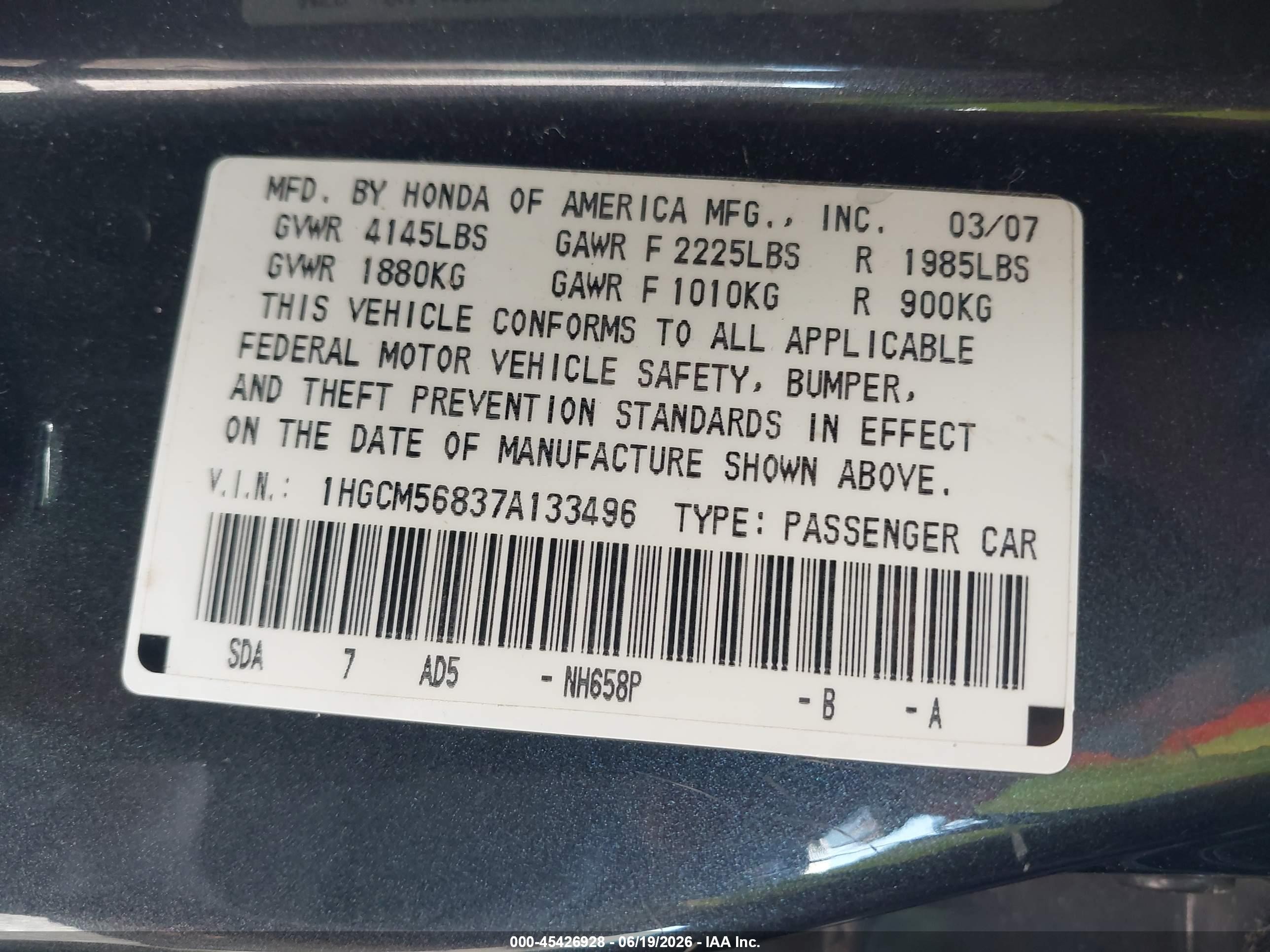 2007 Honda Accord 2.4 Ex Navy vin: 1HGCM56837A133496
