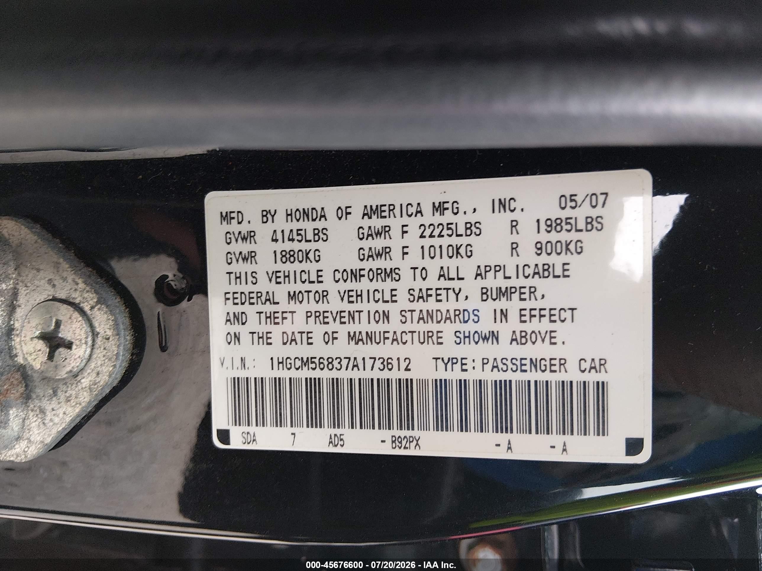 2007 Honda Accord 2.4 Ex Black vin: 1HGCM56837A173612